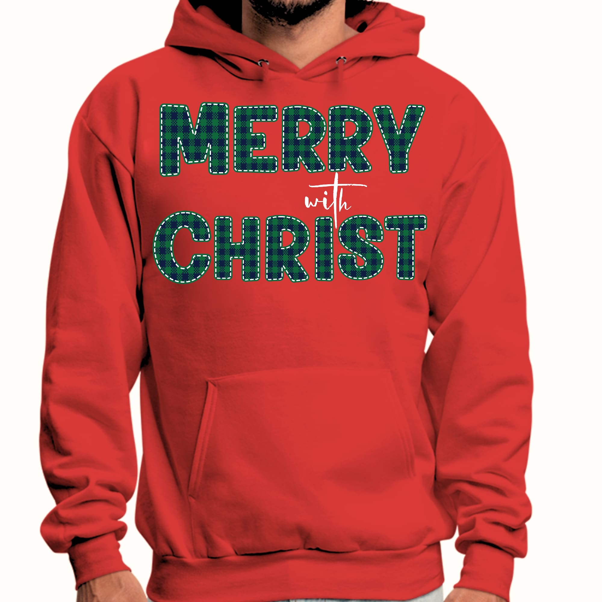 Mens Graphic Hoodie Merry with Christ - Green Plaid Christmas Holiday