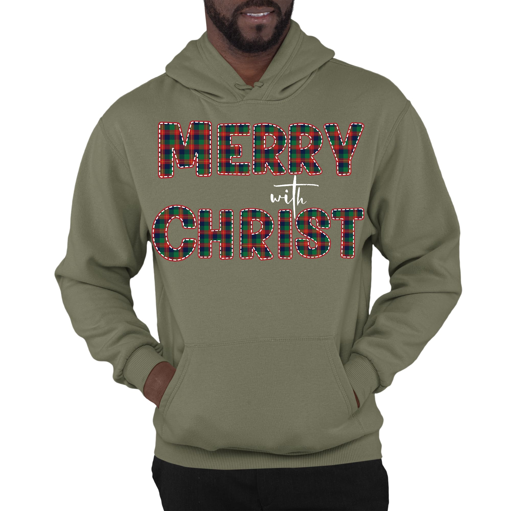Mens Graphic Hoodie Merry with Christ - Red and Green Plaid Christmas