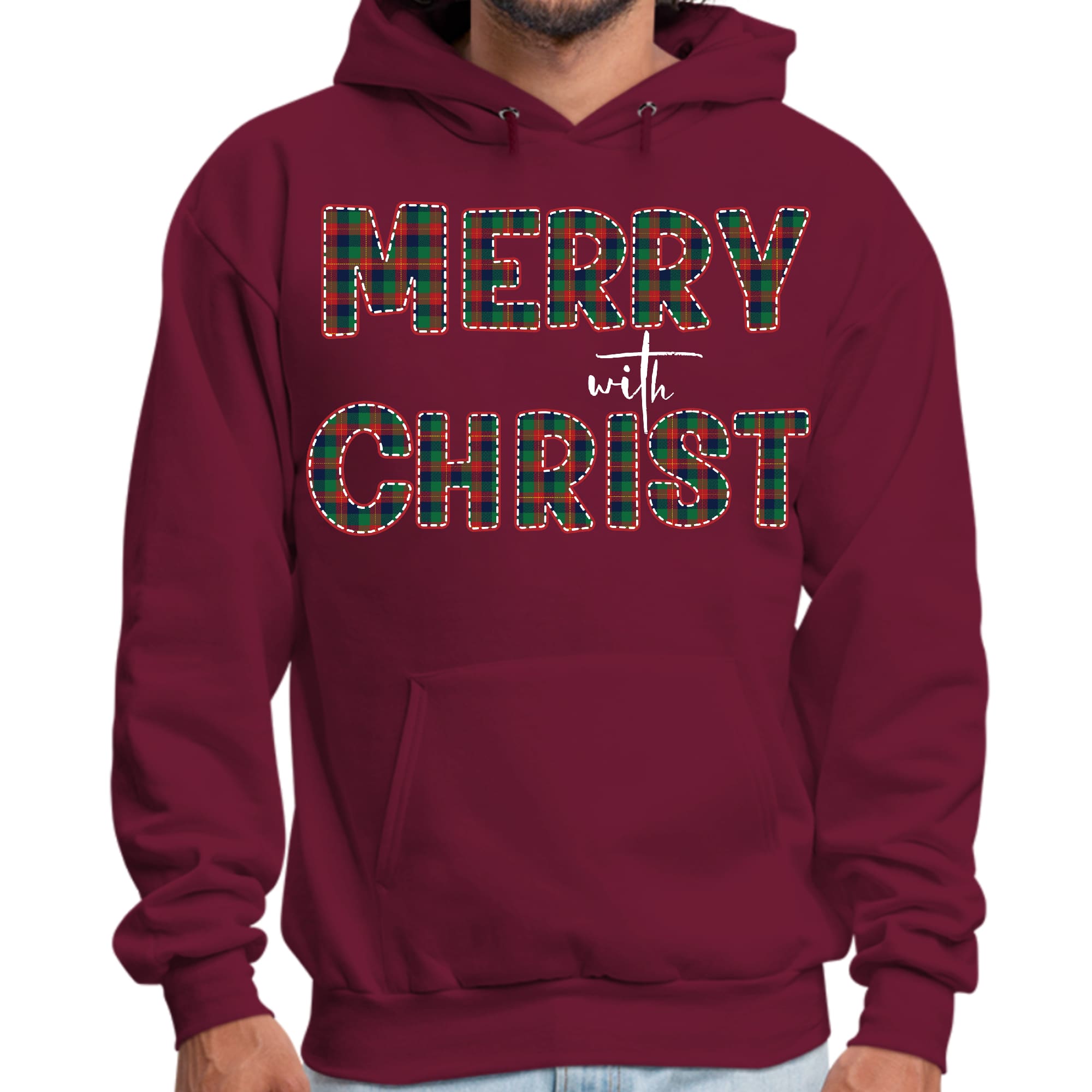 Mens Graphic Hoodie Merry with Christ - Red and Green Plaid Christmas