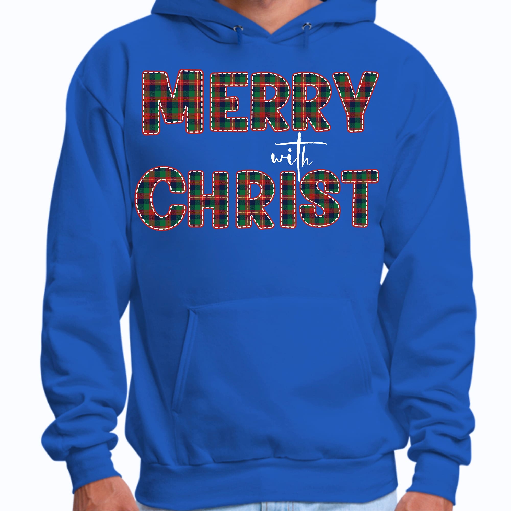 Mens Graphic Hoodie Merry with Christ - Red and Green Plaid Christmas