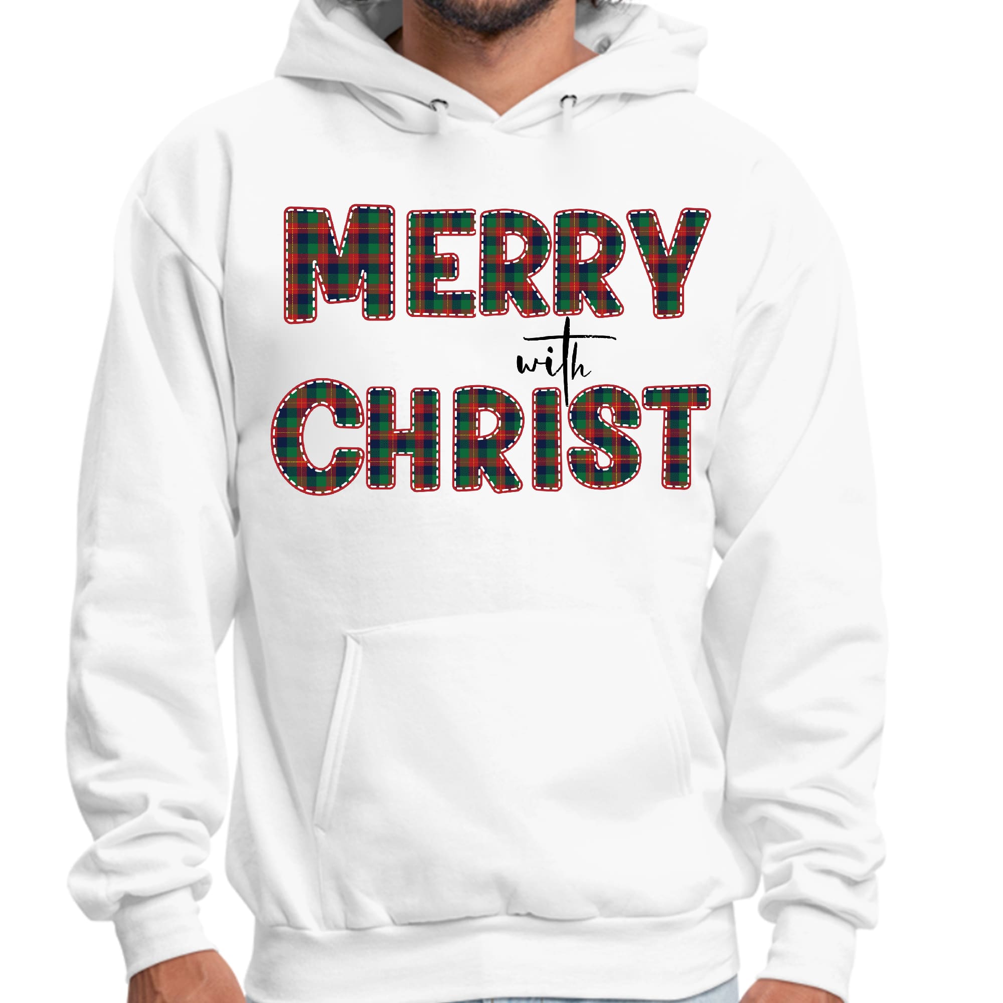 Mens Graphic Hoodie Merry with Christ - Red and Green Plaid Christmas