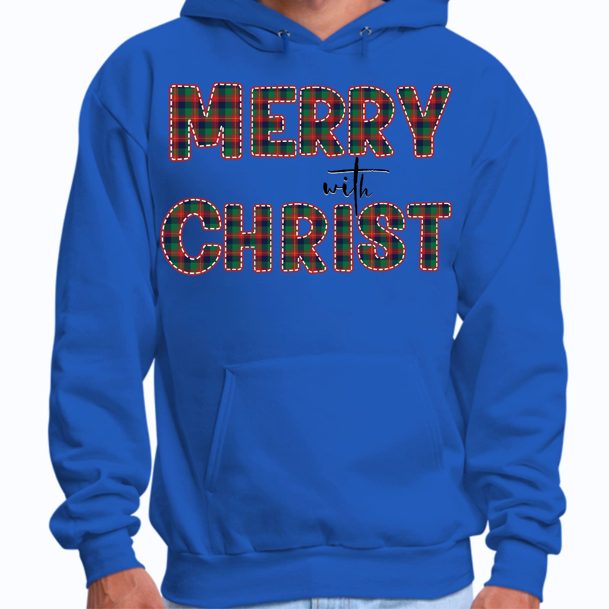 Mens Graphic Hoodie Merry with Christ - Red and Green Plaid Christmas