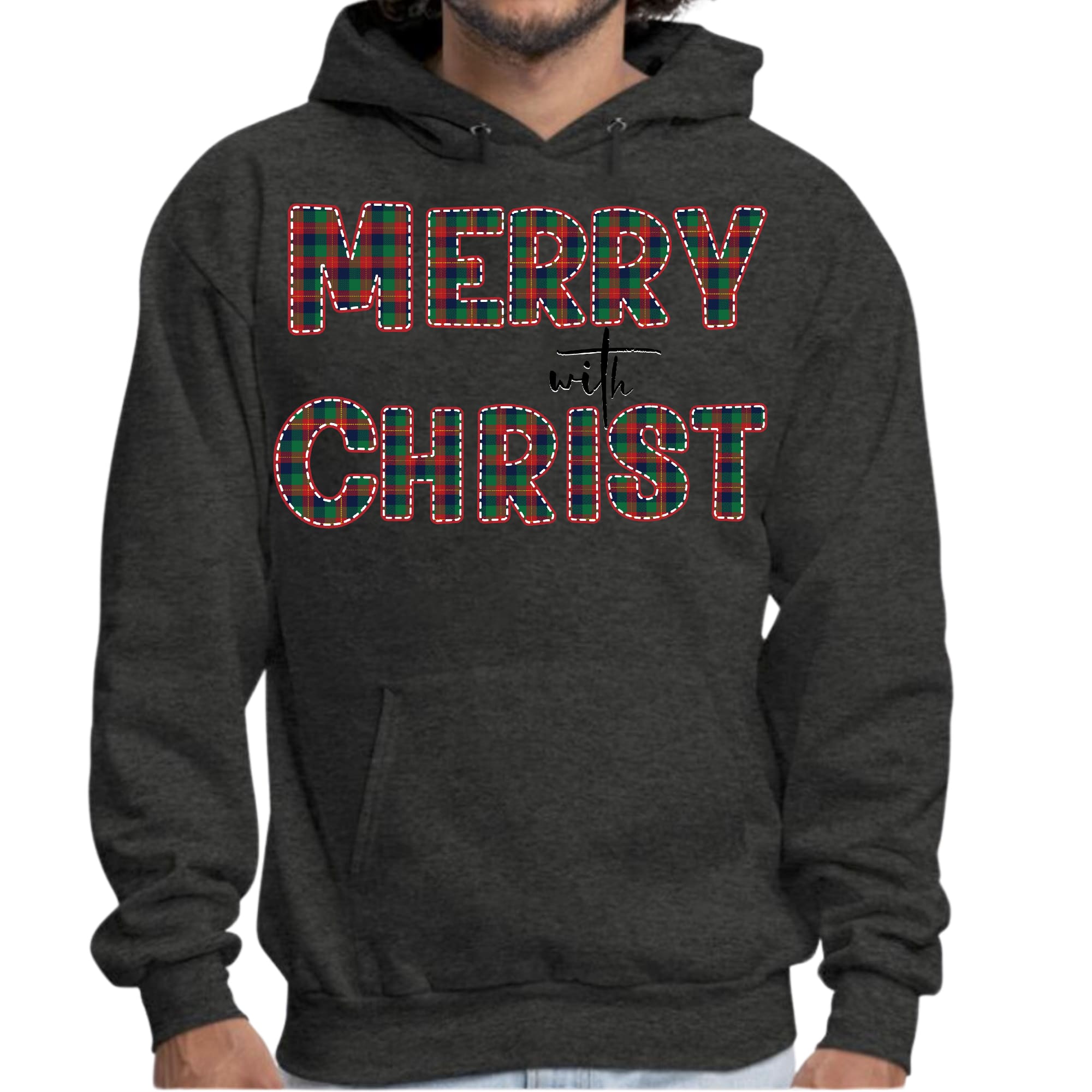 Mens Graphic Hoodie Merry with Christ - Red and Green Plaid Christmas