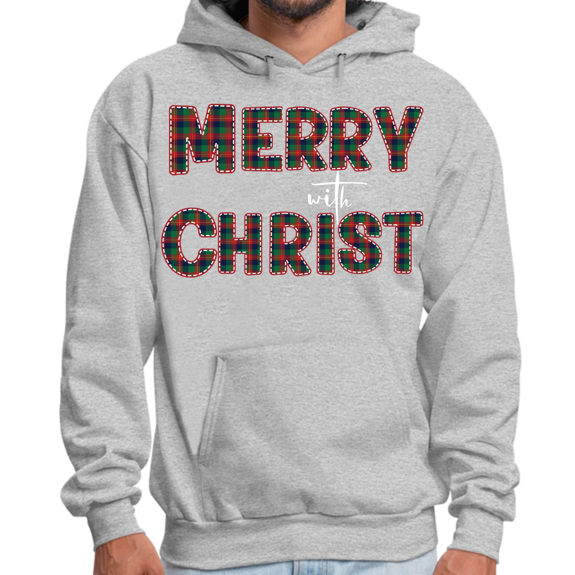 Mens Graphic Hoodie Merry with Christ - Red and Green Plaid Christmas