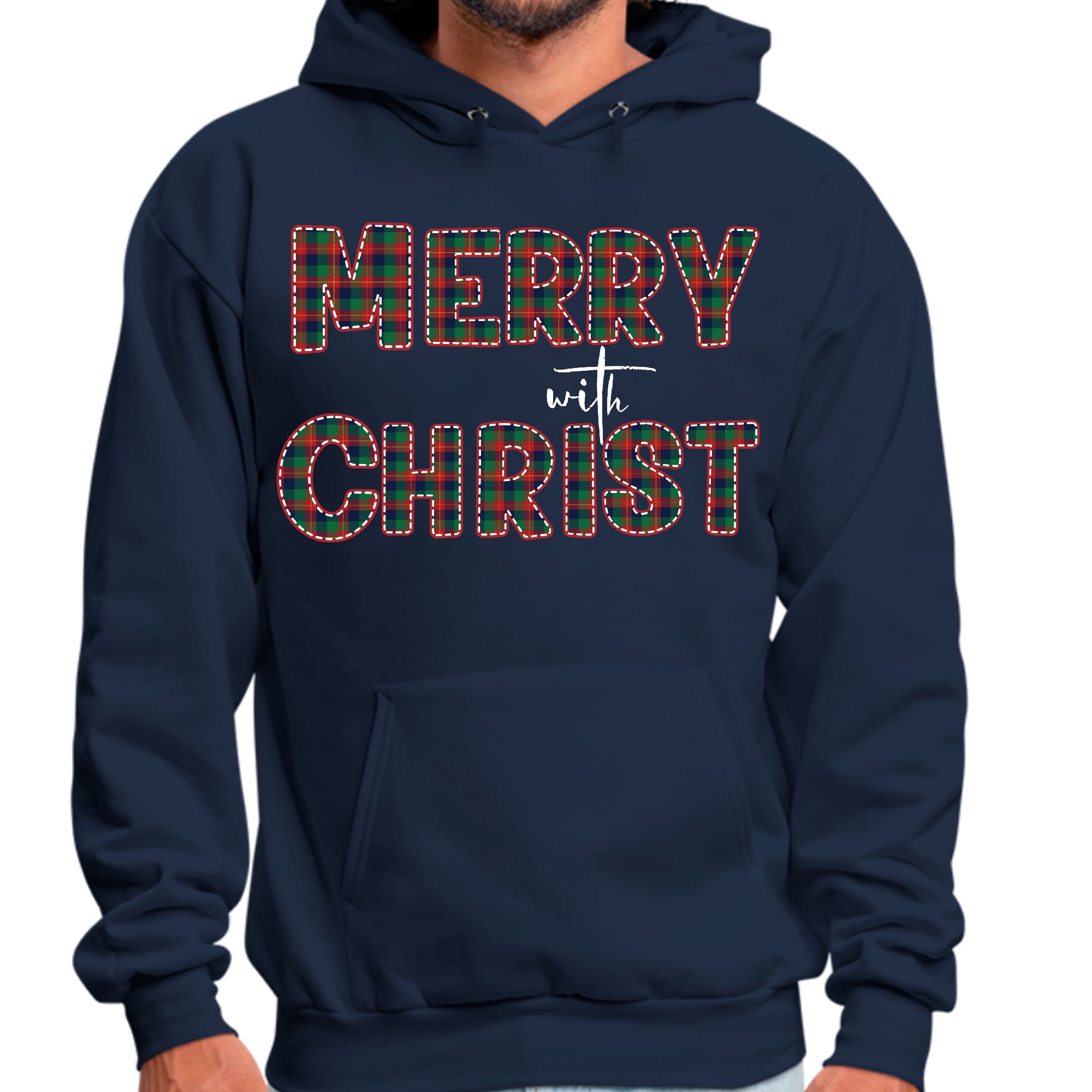 Mens Graphic Hoodie Merry with Christ - Red and Green Plaid Christmas