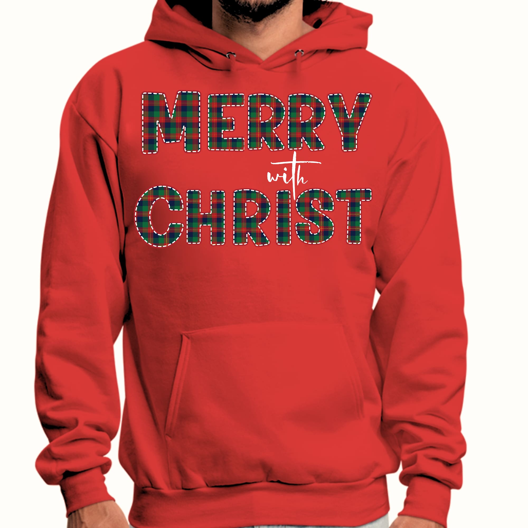 Mens Graphic Hoodie Merry with Christ - Red and Green Plaid Christmas