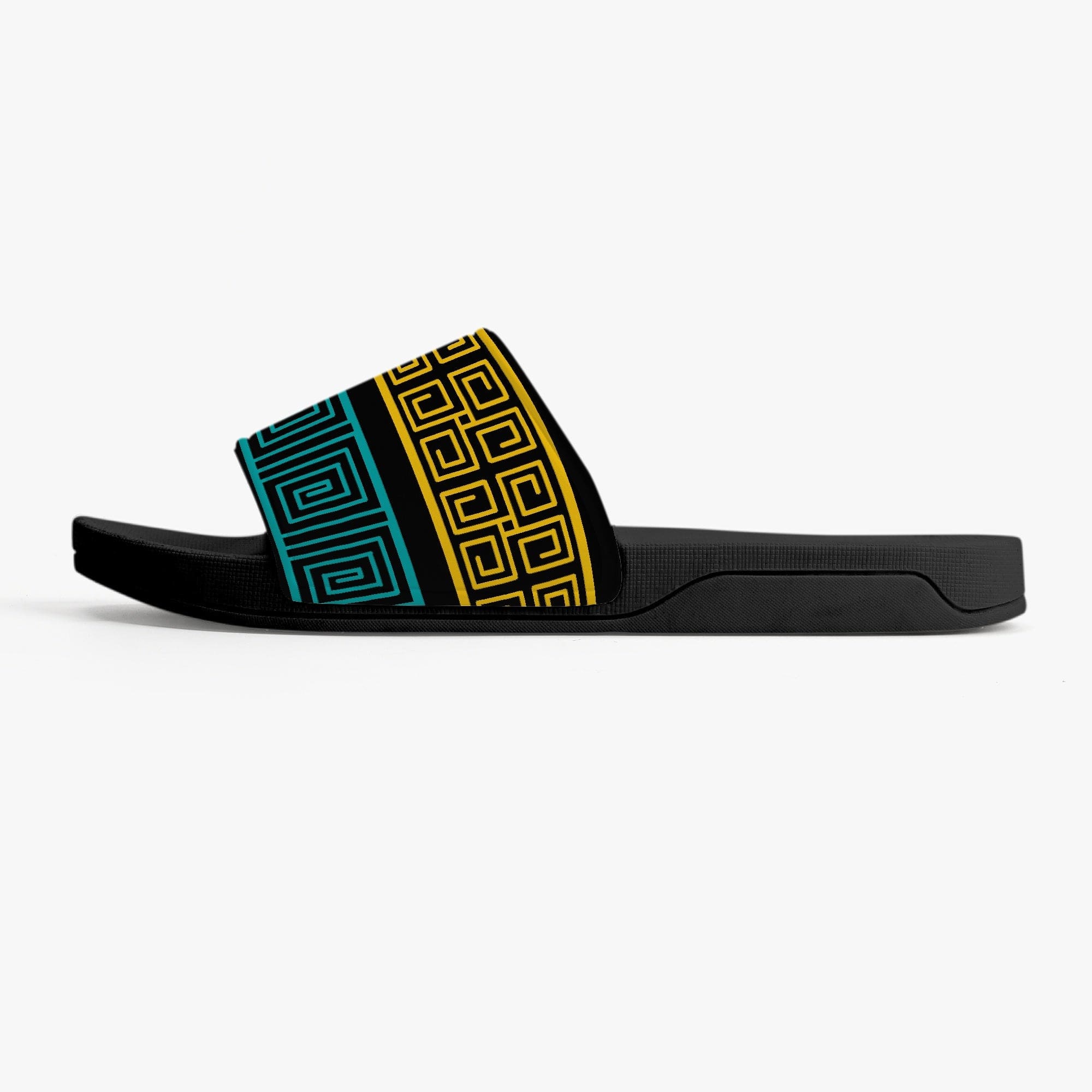 Womens Slide Sandals - Blue and Yellow Geometric Print