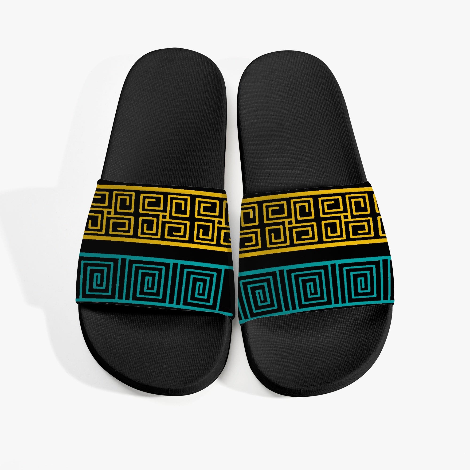 Womens Slide Sandals - Blue and Yellow Geometric Print