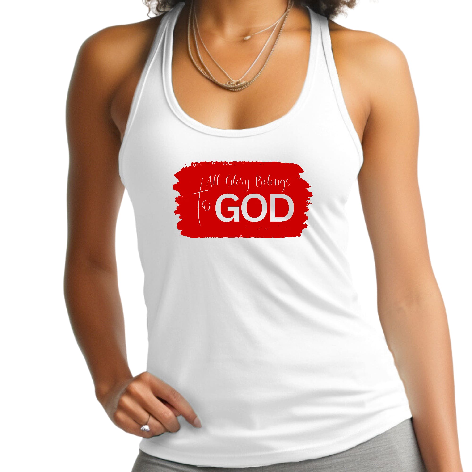 Womens Fitness Tank Top Graphic T-shirt - All Glory Belongs to God - Red