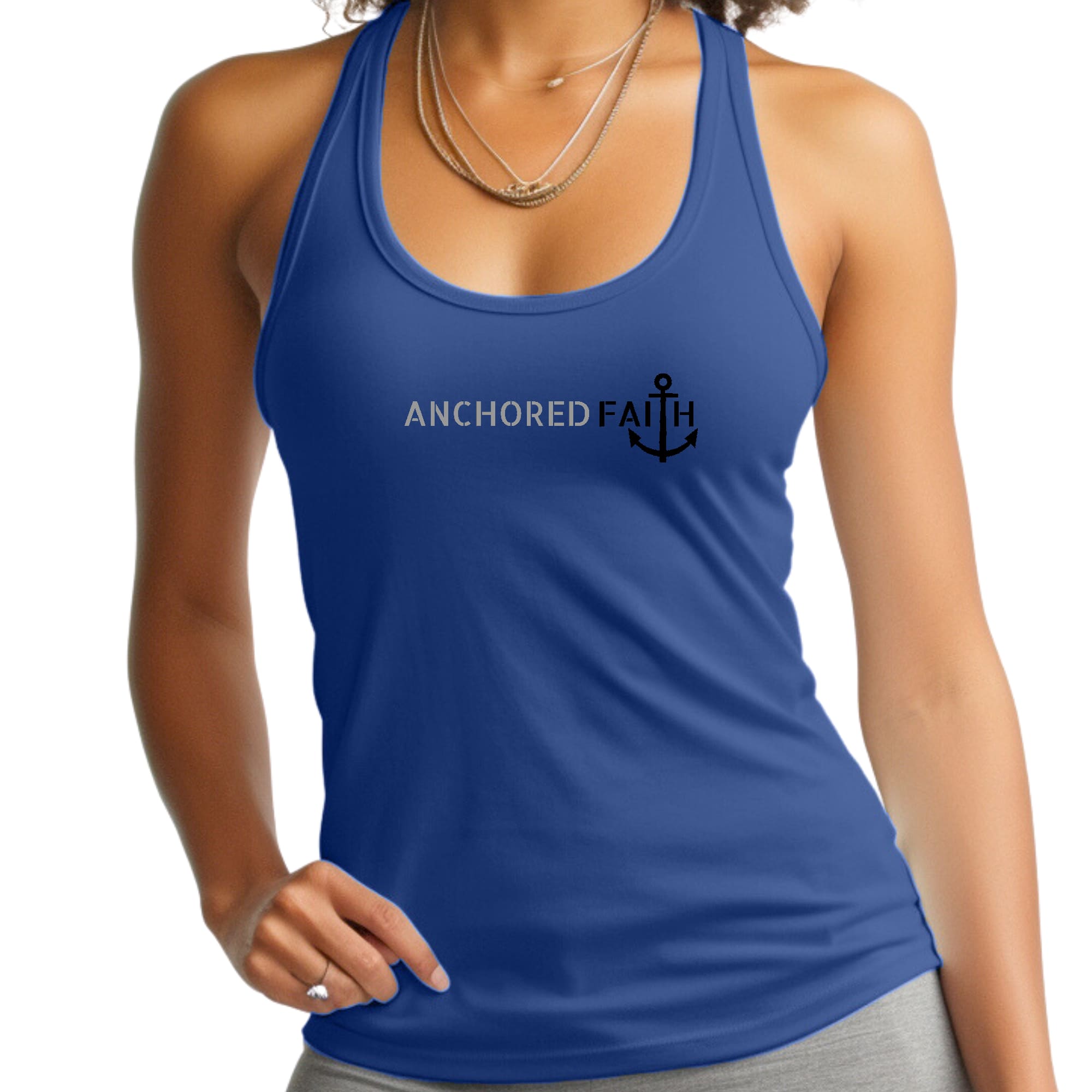 Womens Fitness Tank Top Graphic T-shirt - Anchored Faith Grey