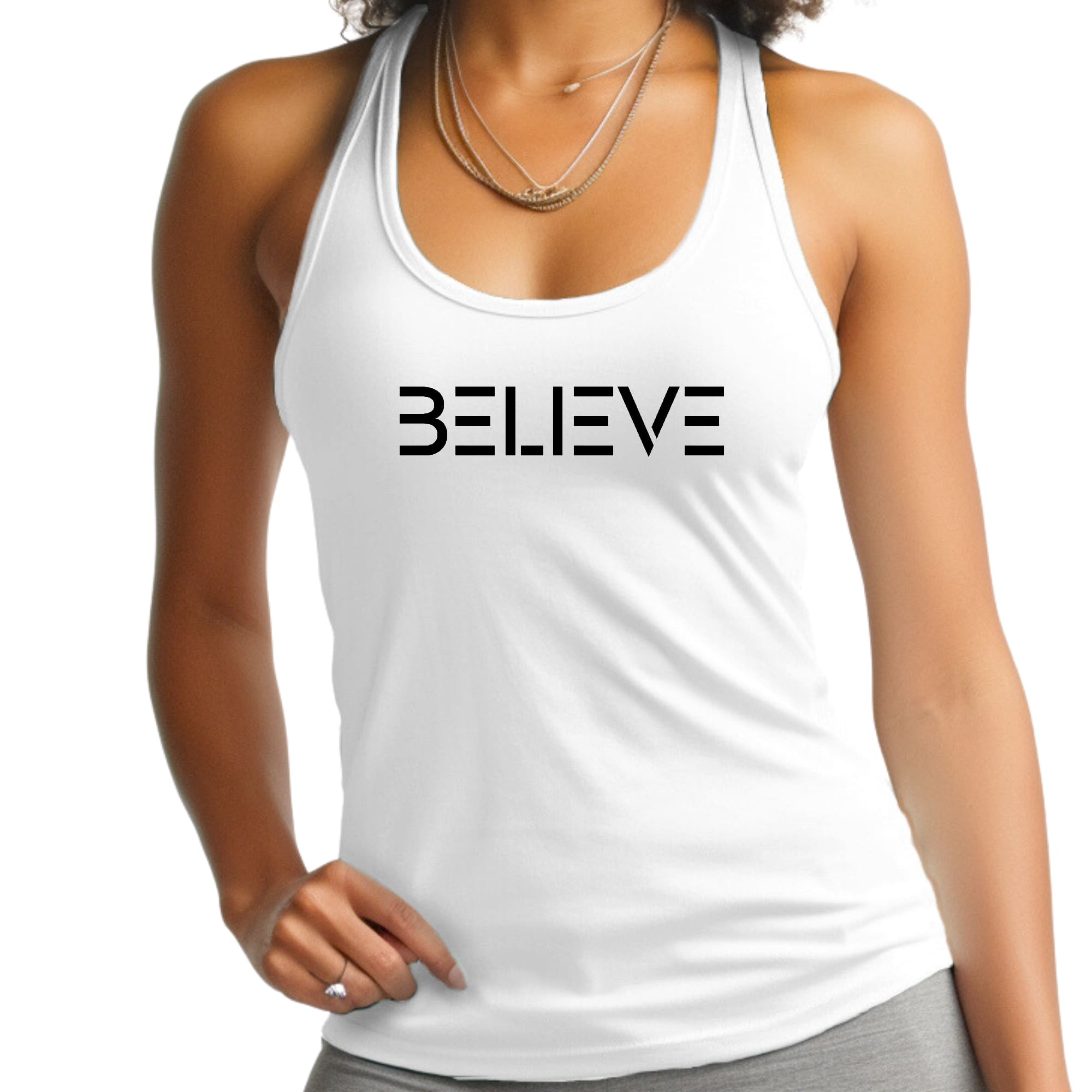 Womens Fitness Tank Top Graphic T-shirt - Believe Black Print