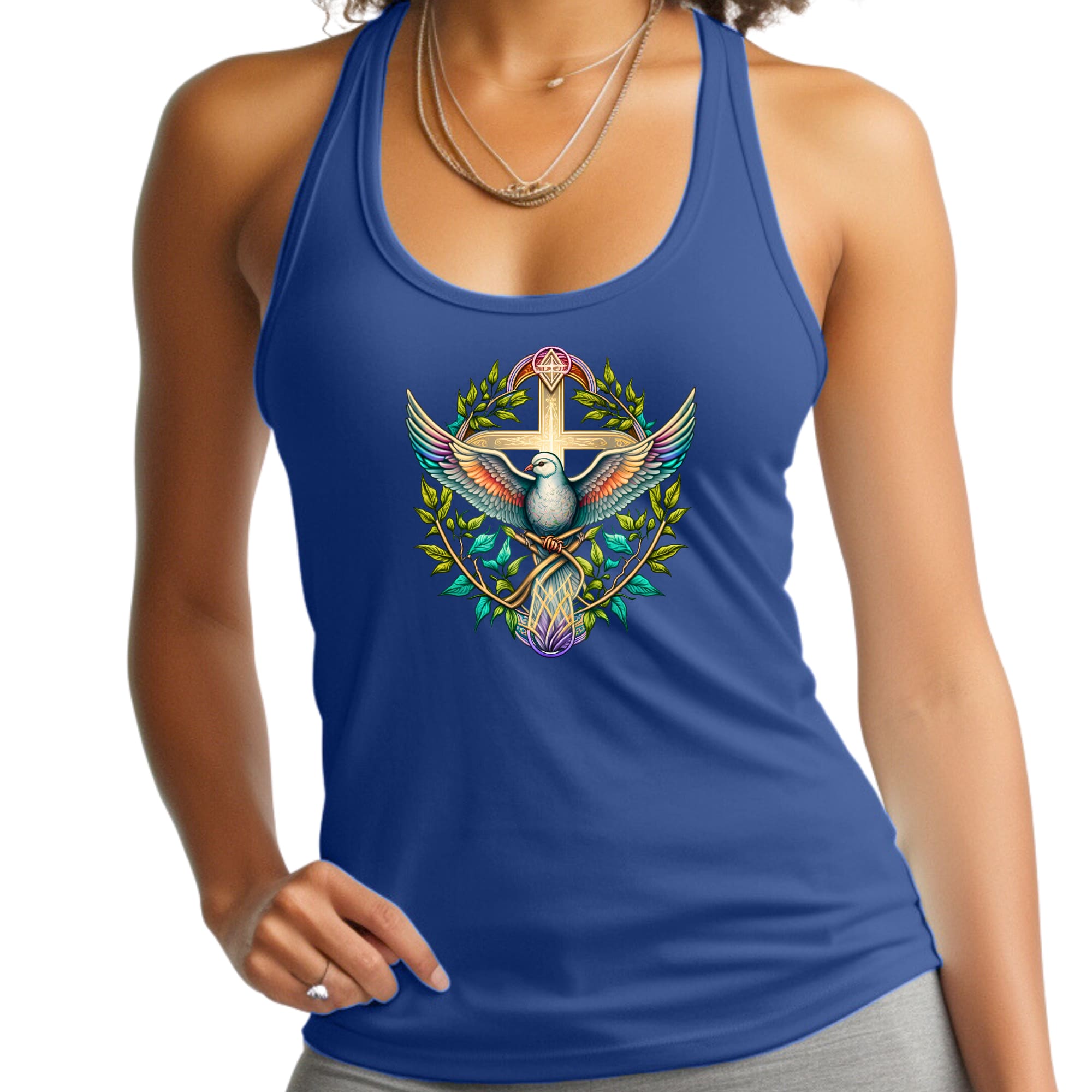 Womens Fitness Tank Top Graphic T-shirt - Blue Green Multicolor Dove