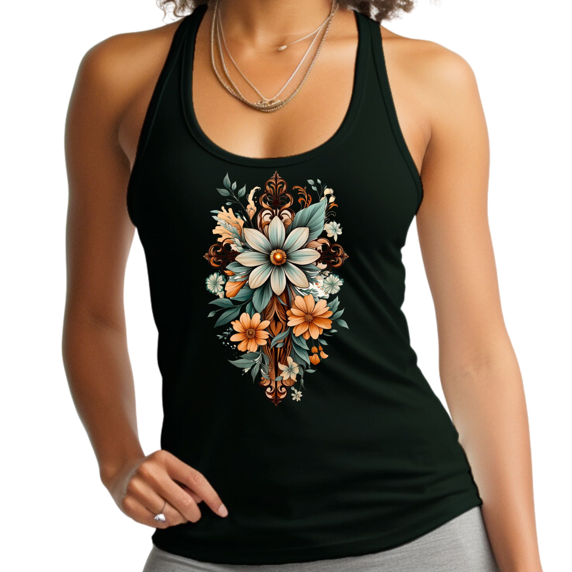 Womens Fitness Tank Top Graphic T-shirt - Christian Cross Floral