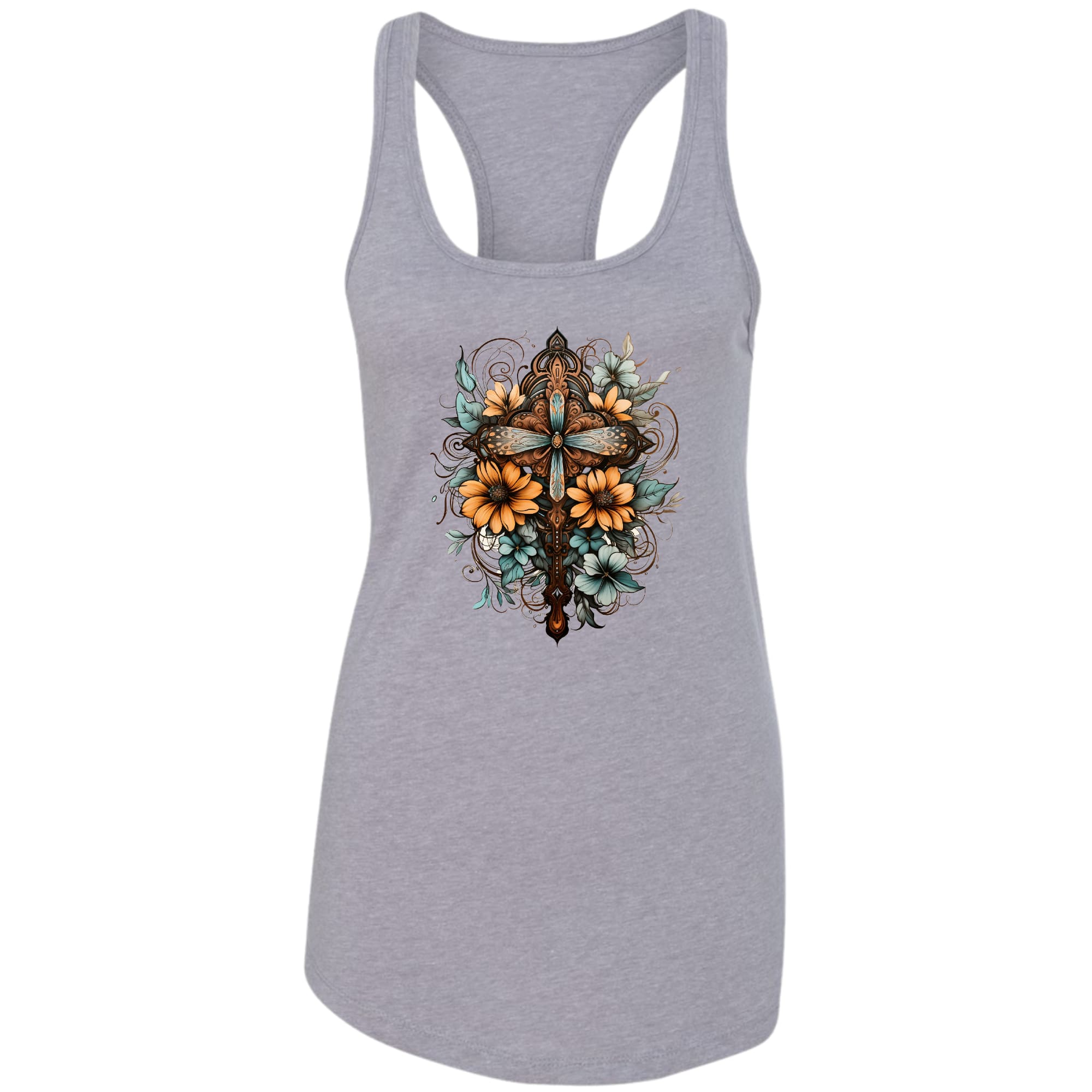 Womens Fitness Tank Top Graphic T-shirt - Christian Cross Floral