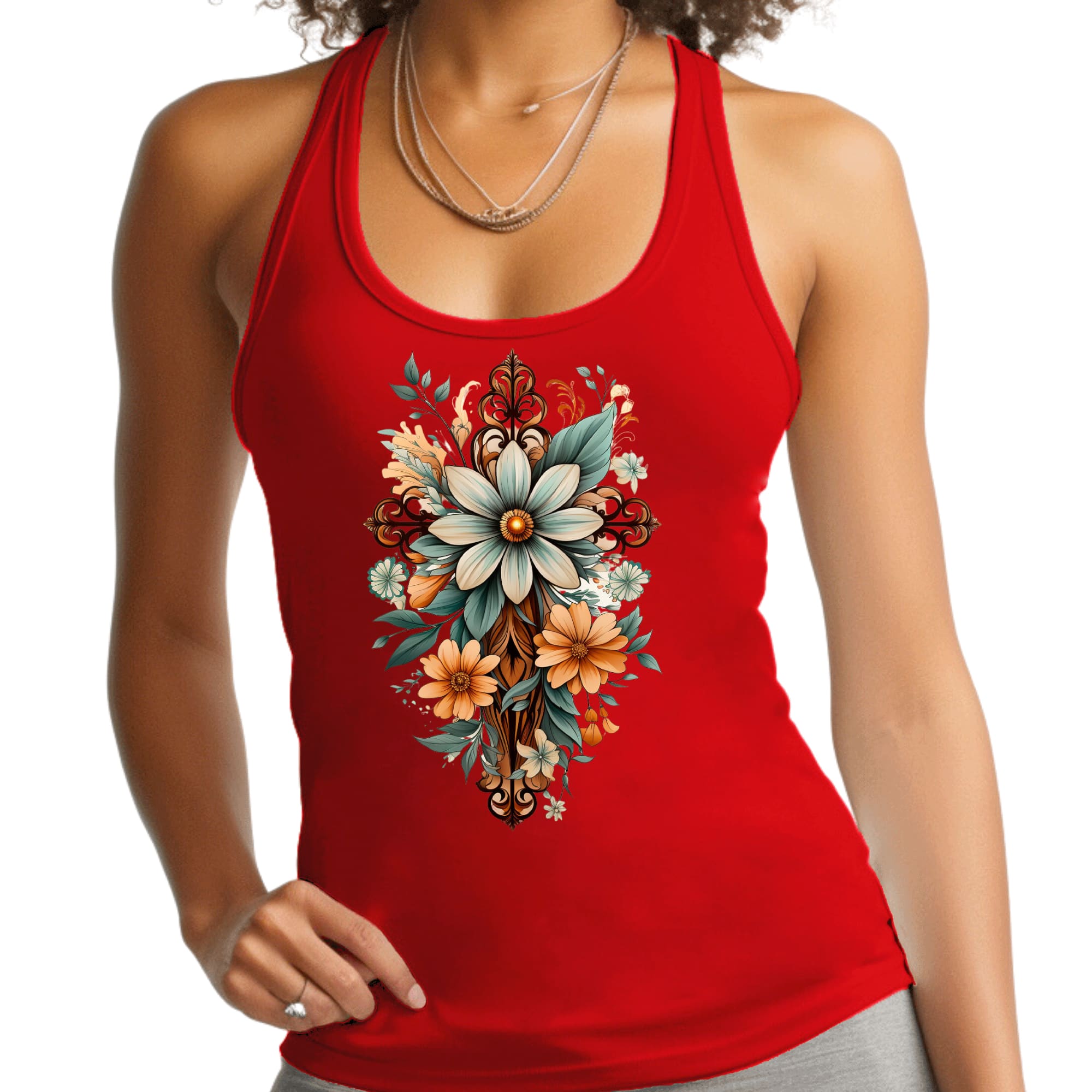 Womens Fitness Tank Top Graphic T-shirt - Christian Cross Floral