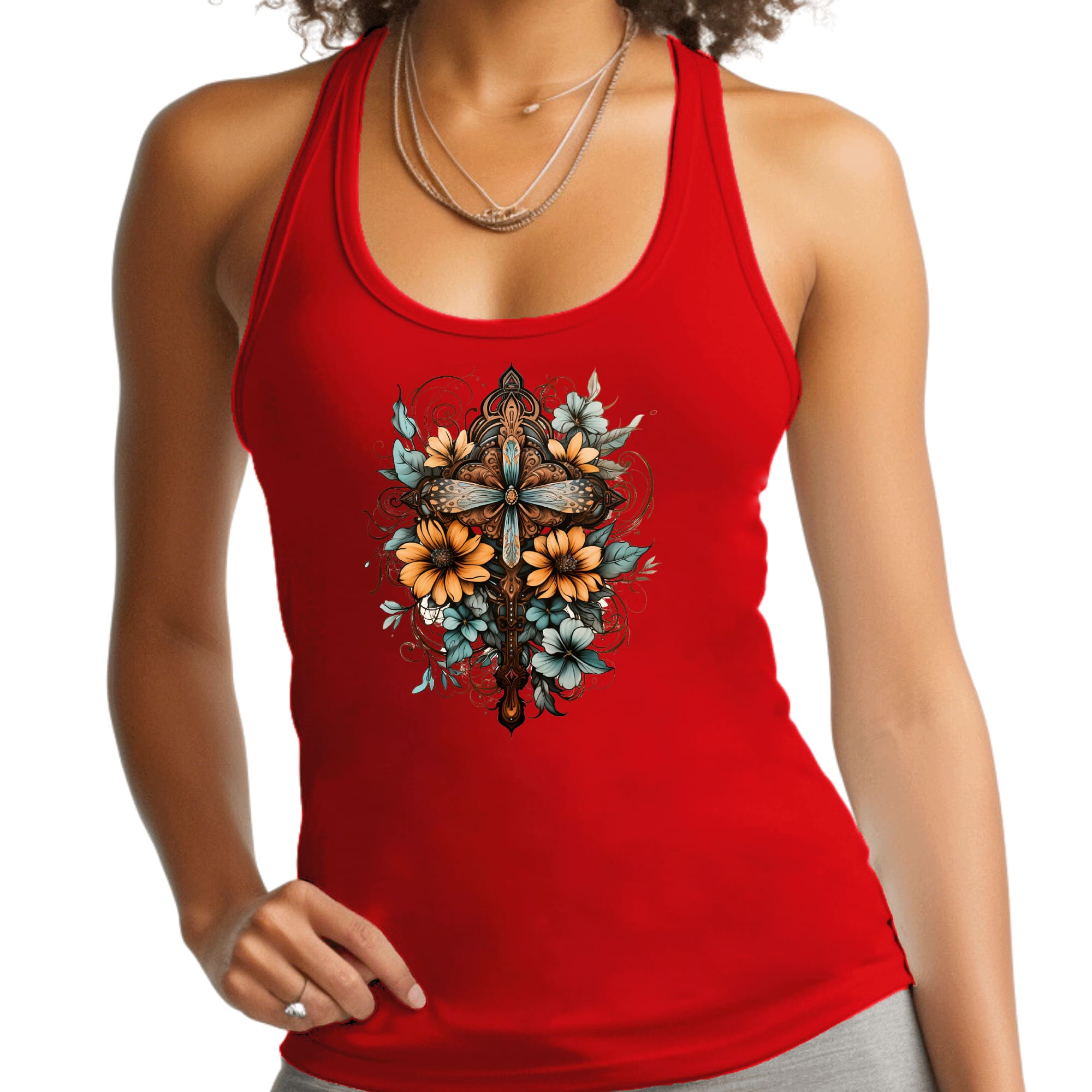 Womens Fitness Tank Top Graphic T-shirt - Christian Cross Floral