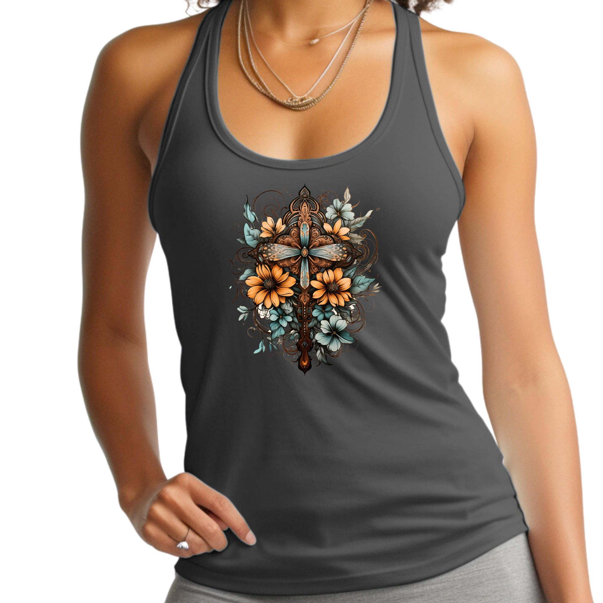 Womens Fitness Tank Top Graphic T-shirt - Christian Cross Floral