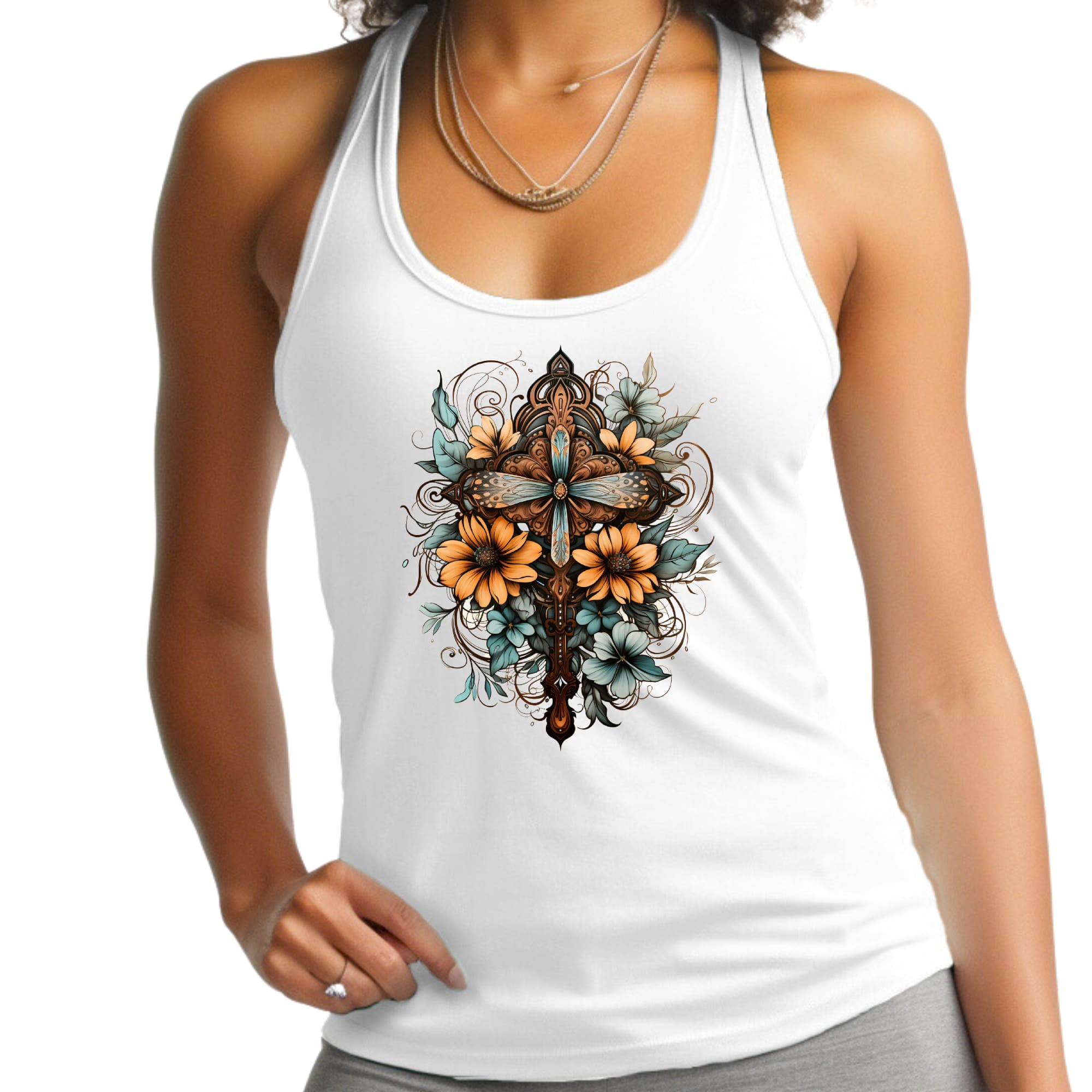 Womens Fitness Tank Top Graphic T-shirt - Christian Cross Floral
