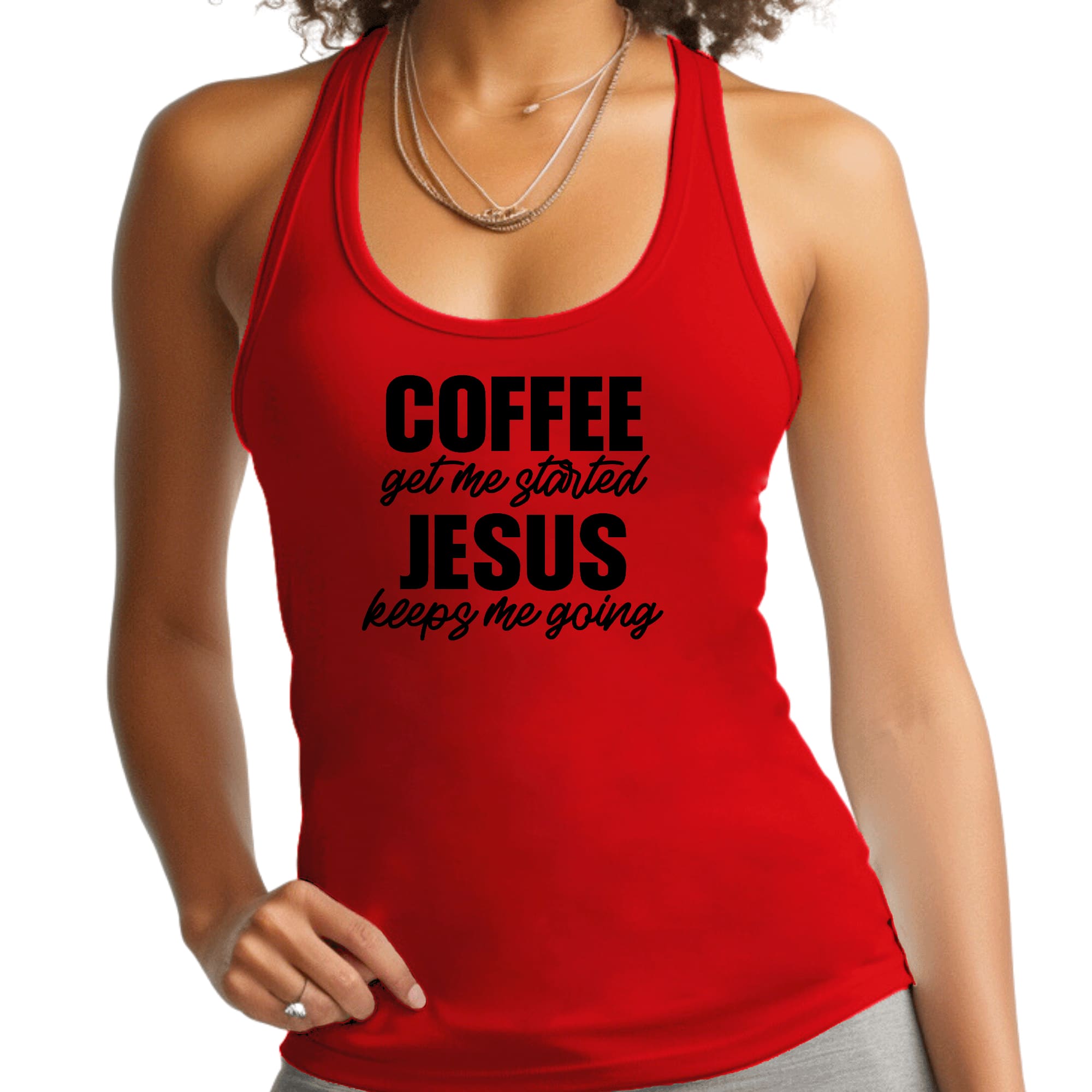 Womens Fitness Tank Top Graphic T-shirt - Coffee Get me Started - Jesus