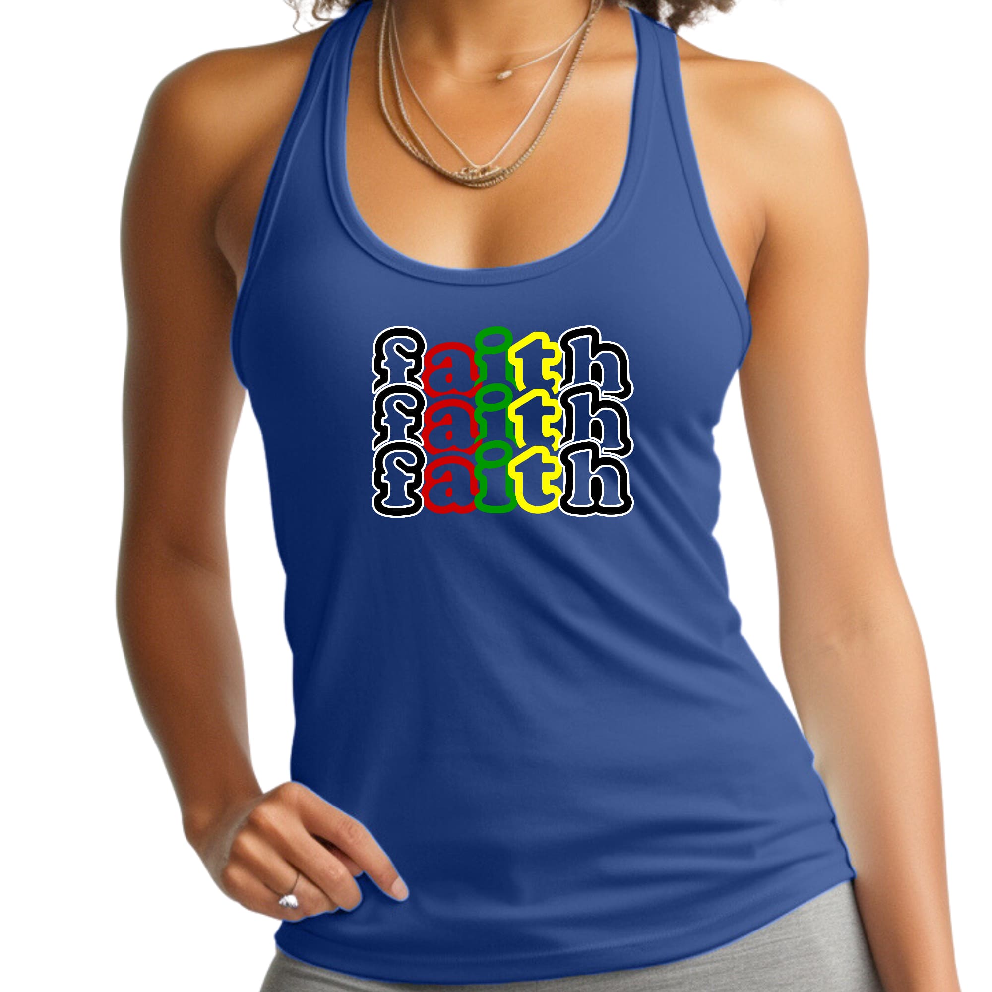 Womens Fitness Tank Top Graphic T-shirt - Faith Stack Multicolor Black