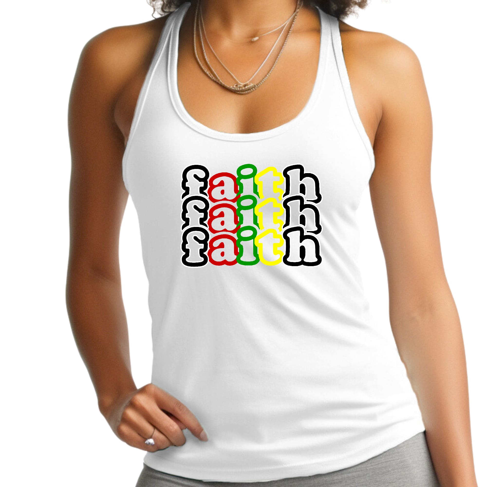 Womens Fitness Tank Top Graphic T-shirt - Faith Stack Multicolor Black