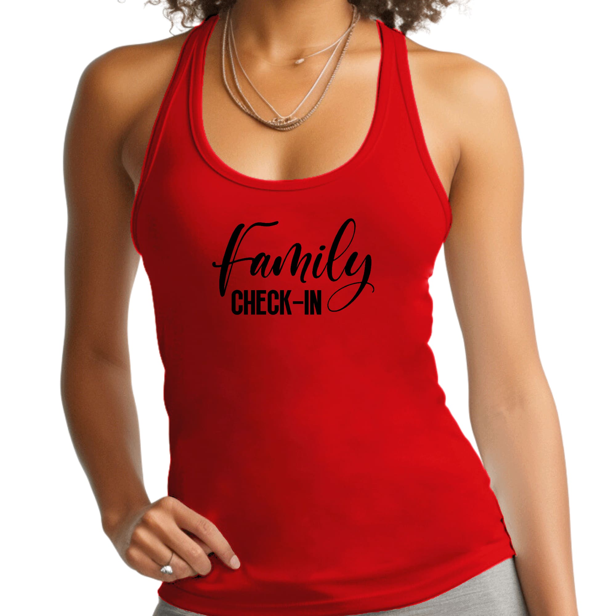 Womens Fitness Tank Top Graphic T-shirt - Family Check-in Illustration