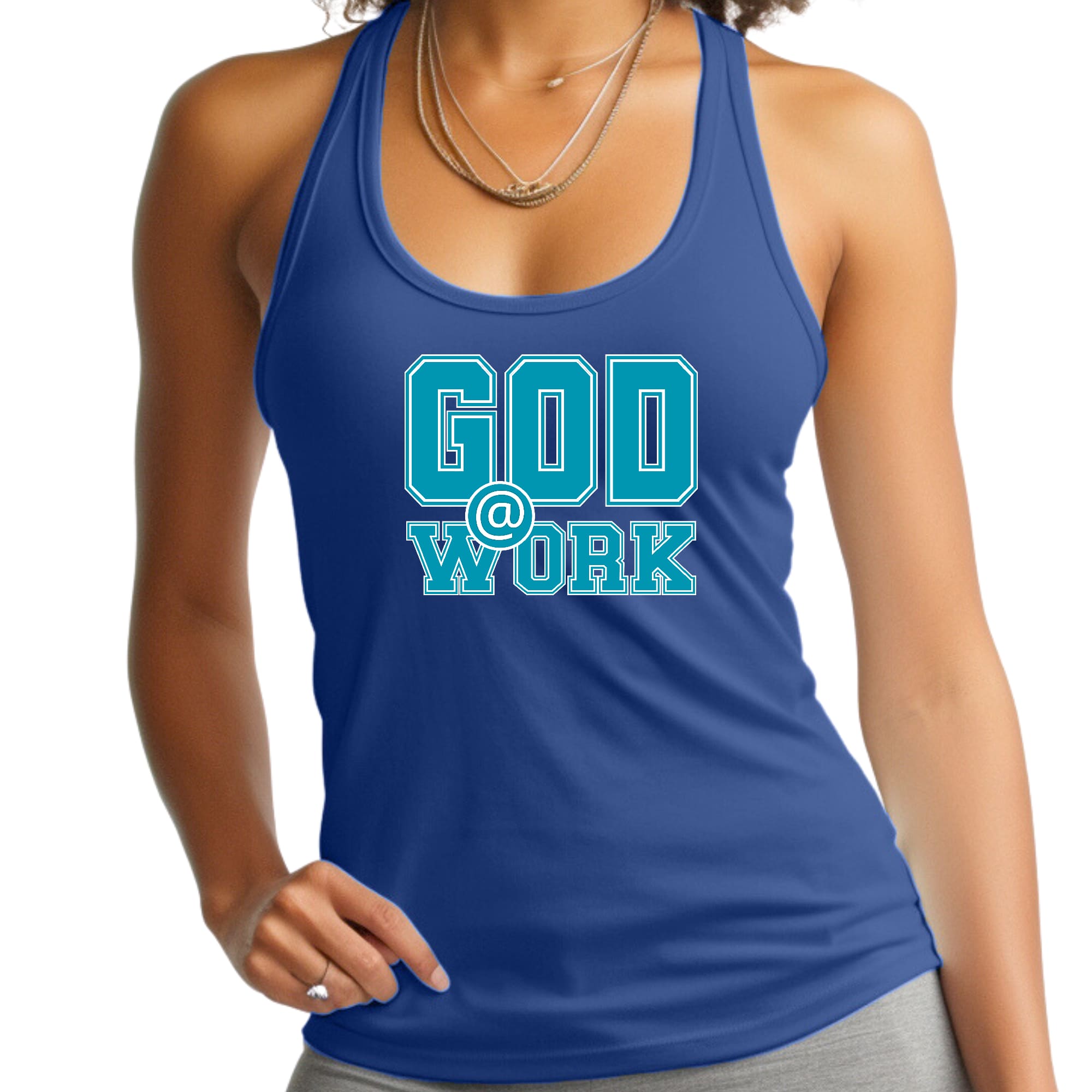 Womens Fitness Tank Top Graphic T-shirt - God @ Work Blue Green
