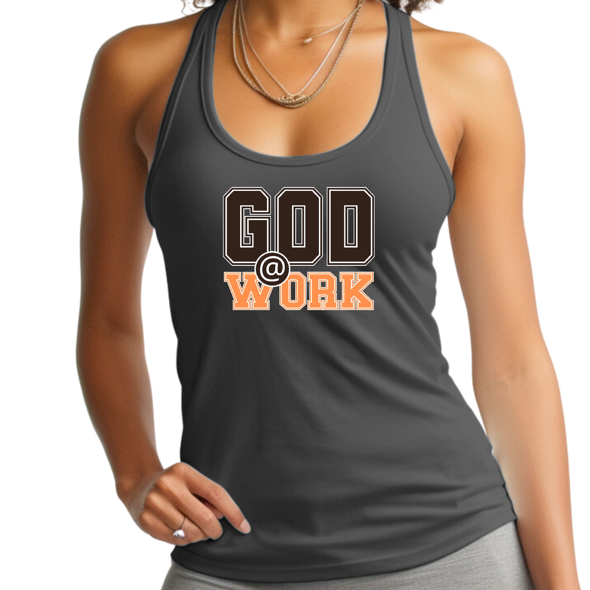 Womens Fitness Tank Top Graphic T-shirt - God @ Work Brown and Orange