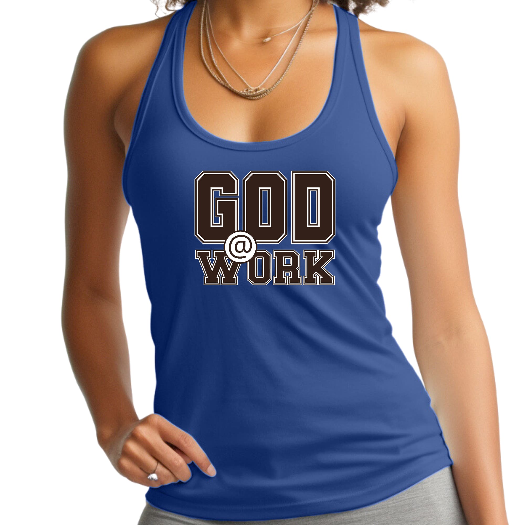 Womens Fitness Tank Top Graphic T-shirt - God @ Work Brown and White
