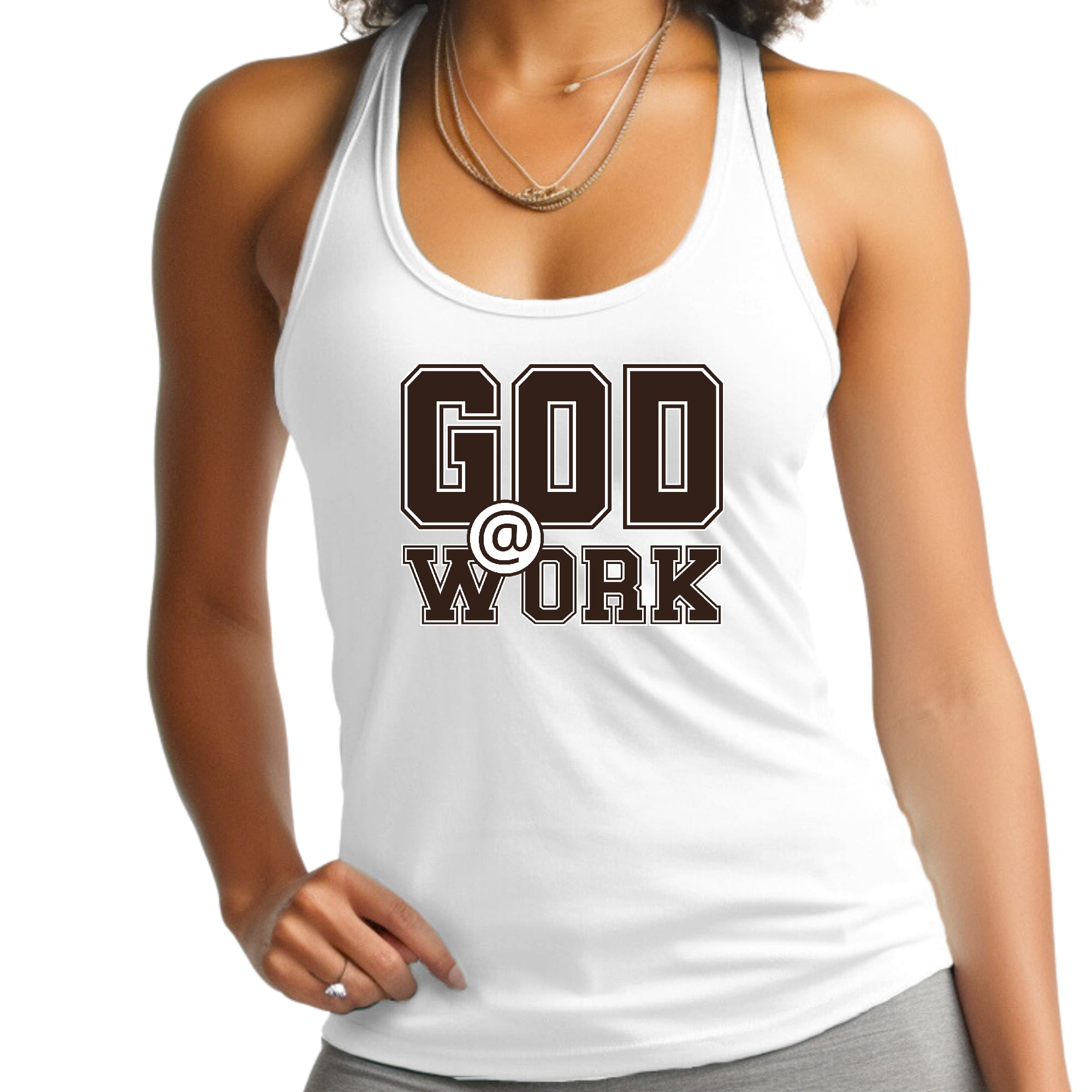 Womens Fitness Tank Top Graphic T-shirt - God @ Work Brown and White