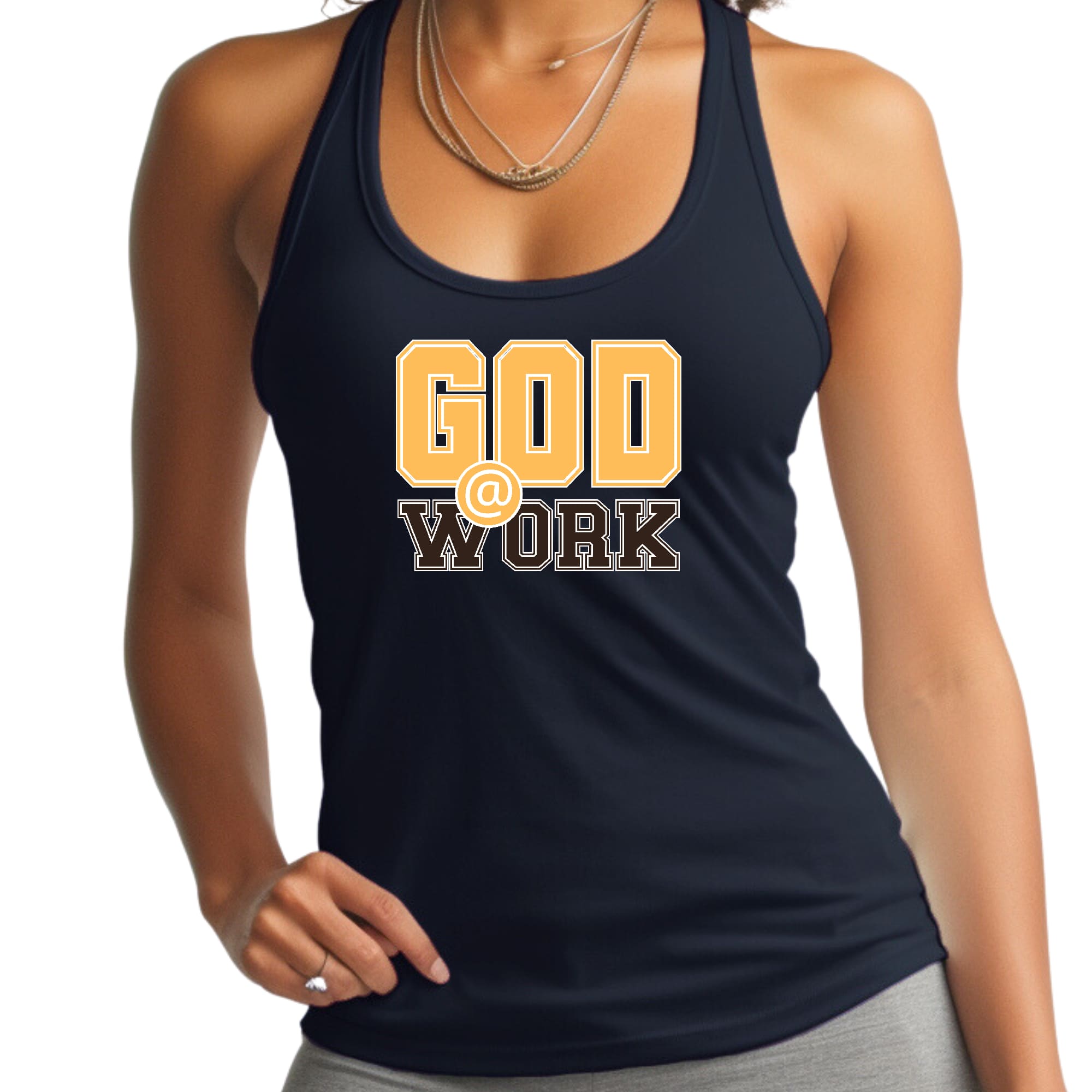 Womens Fitness Tank Top Graphic T-shirt - God @ Work Golden Yellow