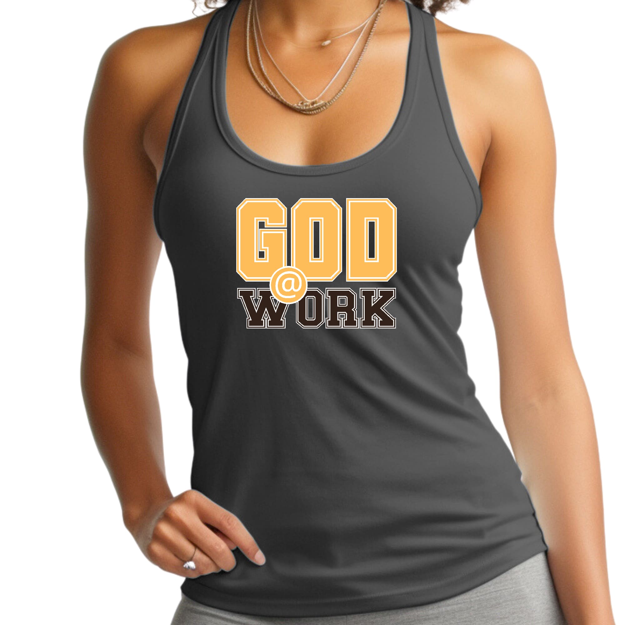 Womens Fitness Tank Top Graphic T-shirt - God @ Work Golden Yellow
