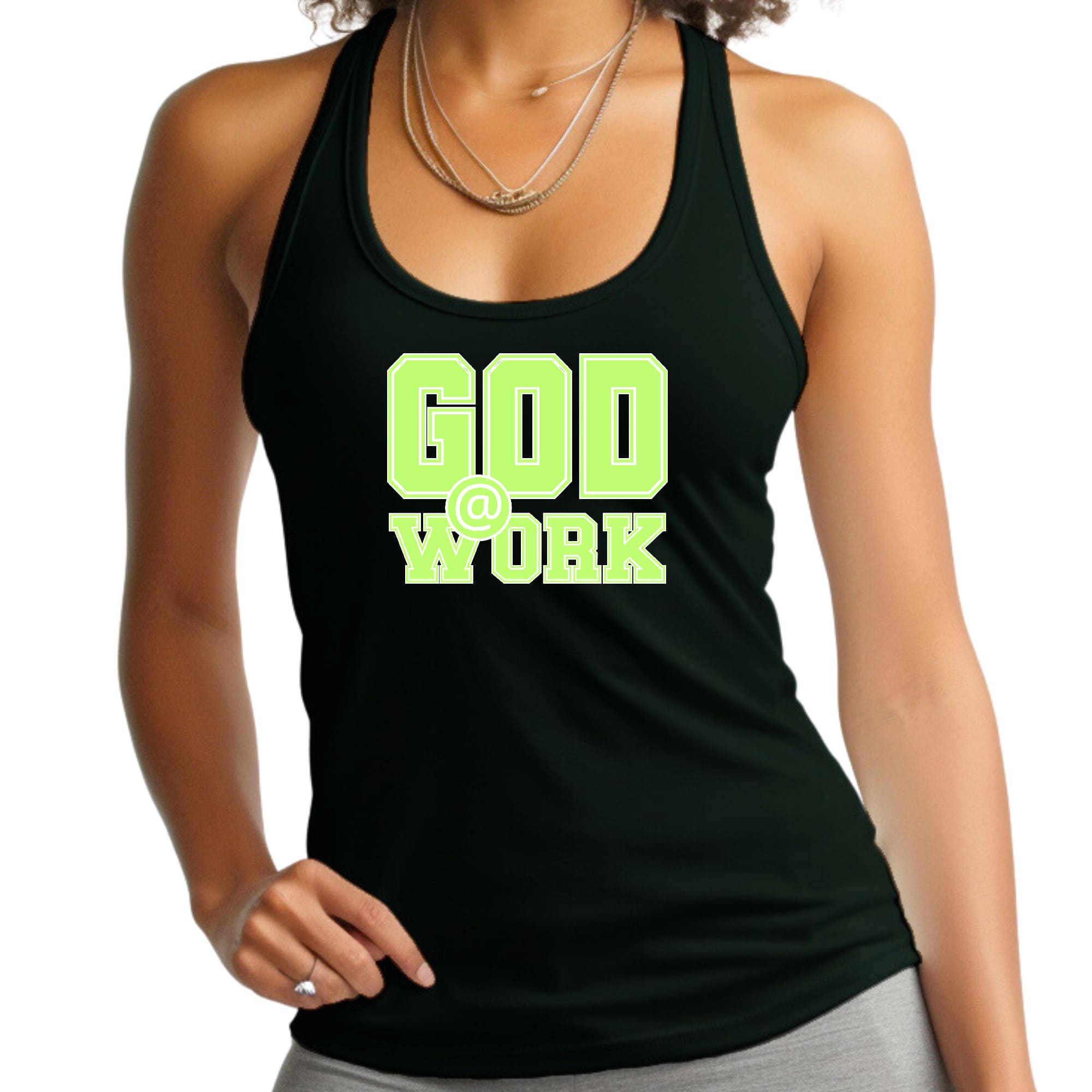 Womens Fitness Tank Top Graphic T-shirt - God @ Work Neon Green