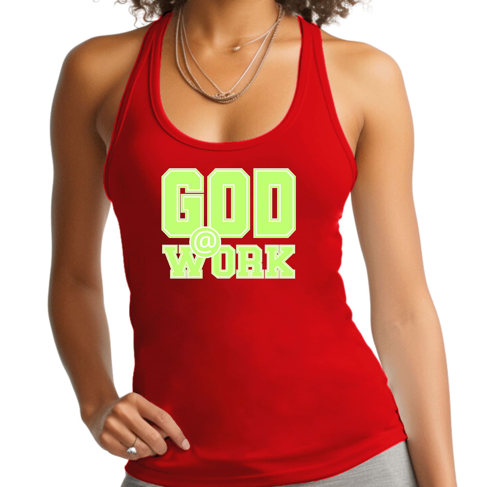 Womens Fitness Tank Top Graphic T-shirt - God @ Work Neon Green