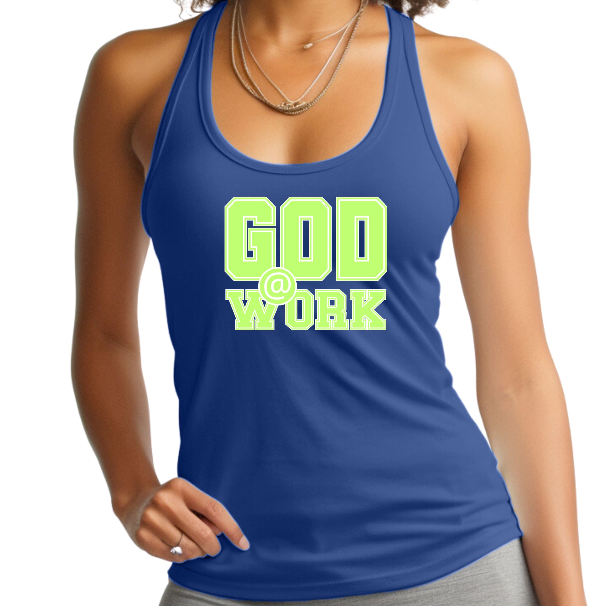 Womens Fitness Tank Top Graphic T-shirt - God @ Work Neon Green