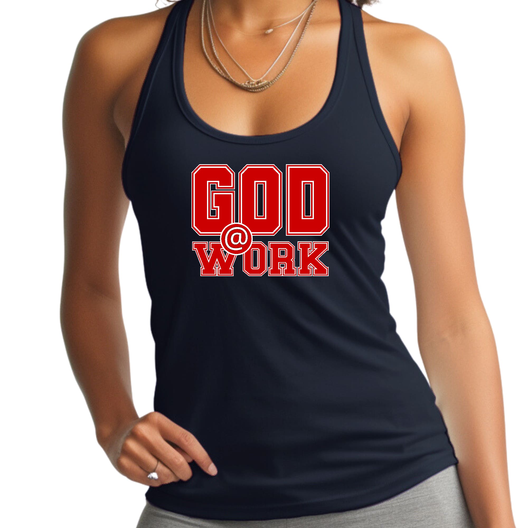 Womens Fitness Tank Top Graphic T-shirt - God @ Work Red and White