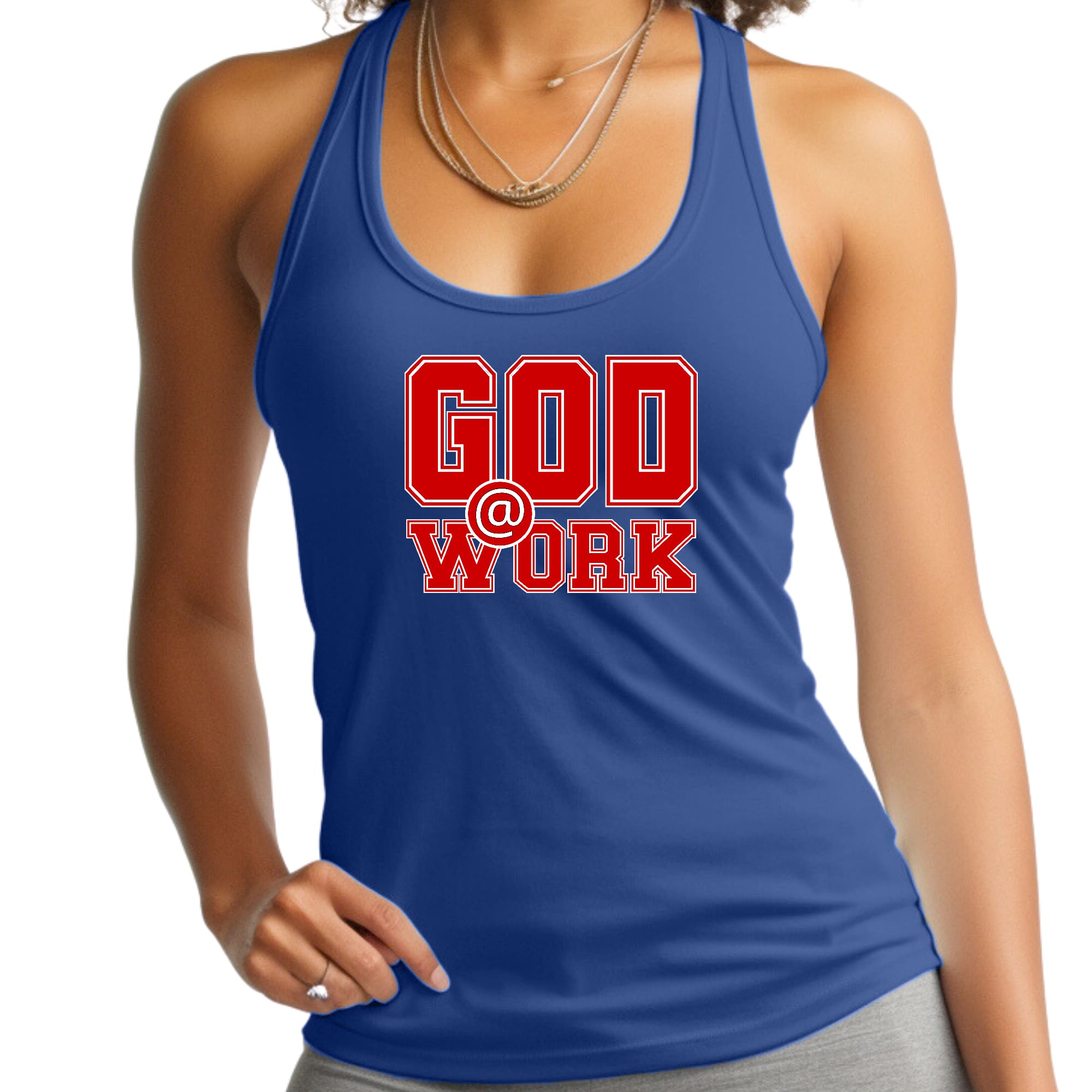 Womens Fitness Tank Top Graphic T-shirt - God @ Work Red and White