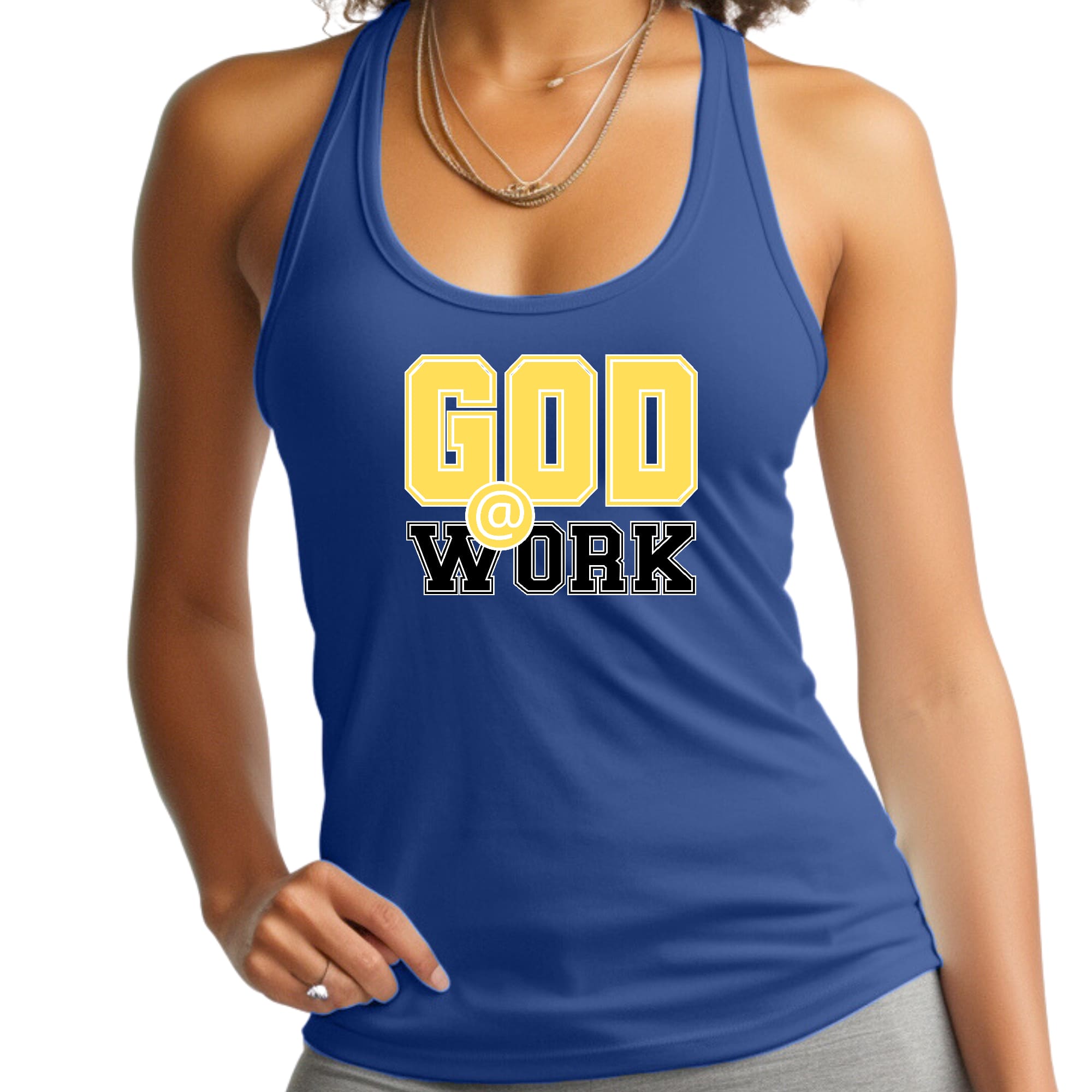 Womens Fitness Tank Top Graphic T-shirt - God @ Work Yellow and Black