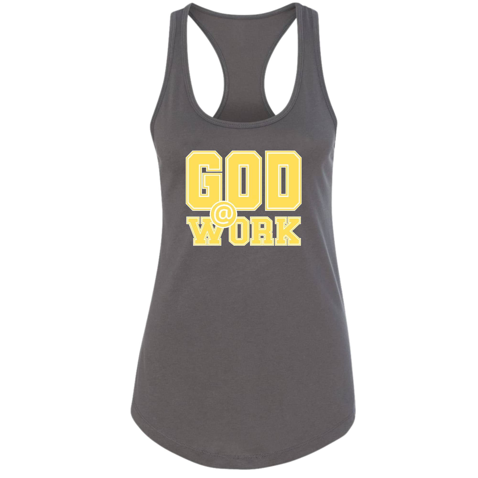 Womens Fitness Tank Top Graphic T-shirt - God @ Work Yellow and White