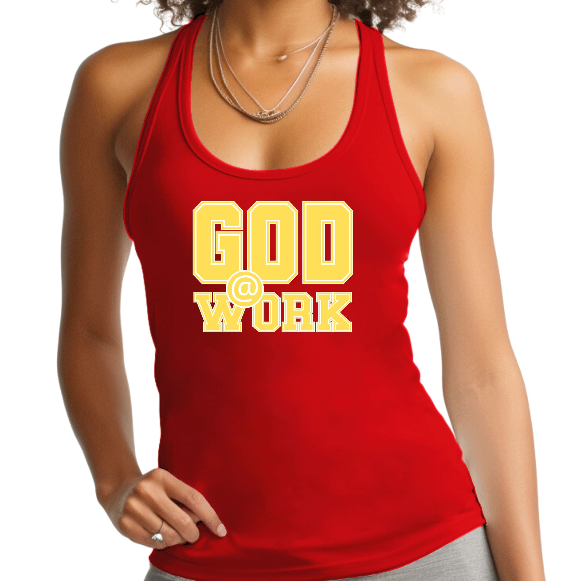 Womens Fitness Tank Top Graphic T-shirt - God @ Work Yellow and White
