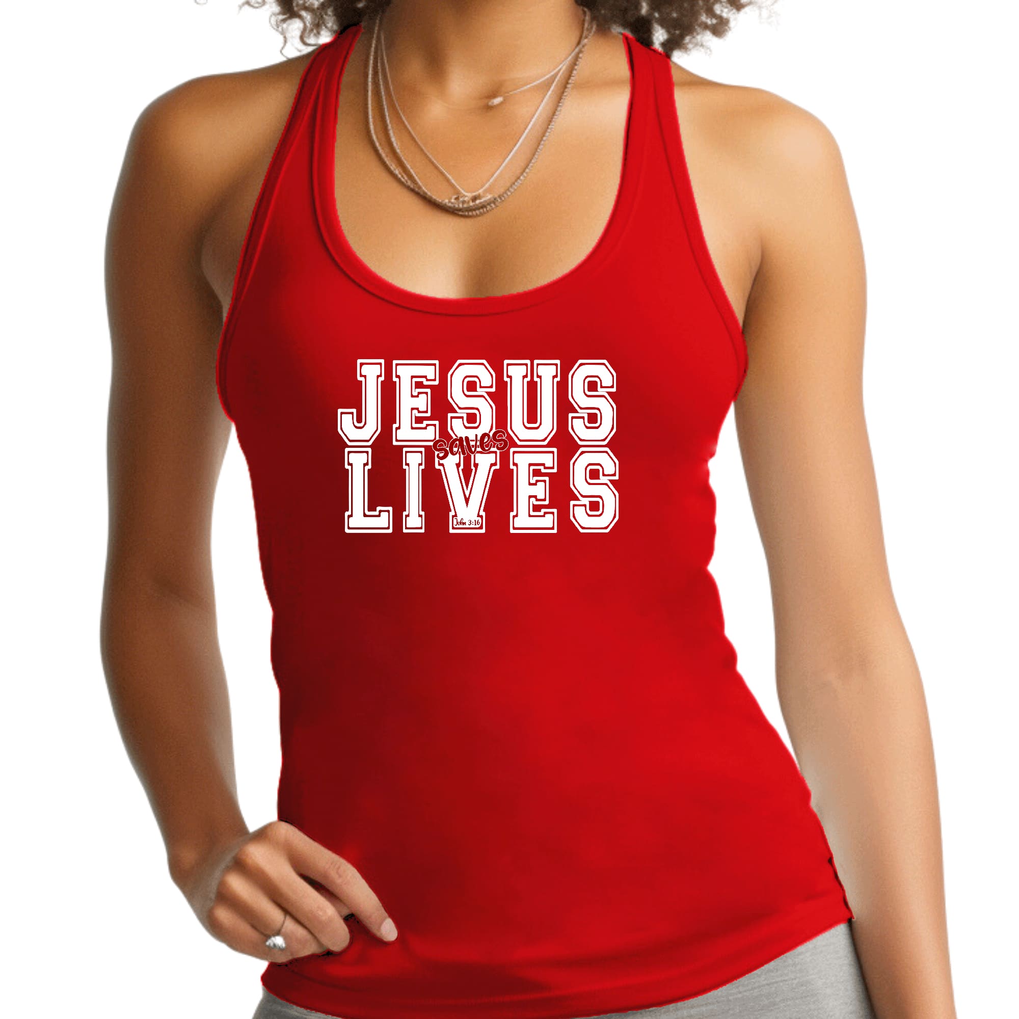 Womens Fitness Tank Top Graphic T-shirt Jesus Saves Lives White Red