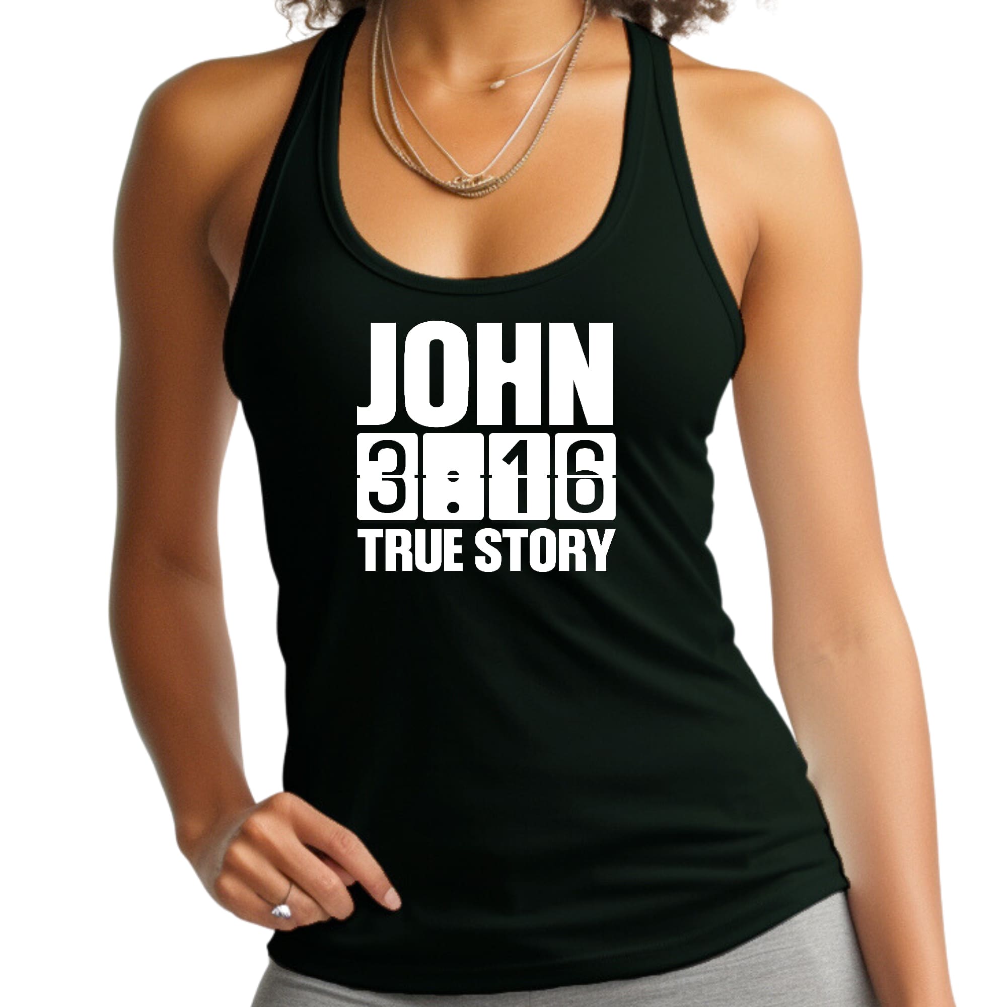 Womens Fitness Tank Top Graphic T-shirt John 3:16 True Story Print