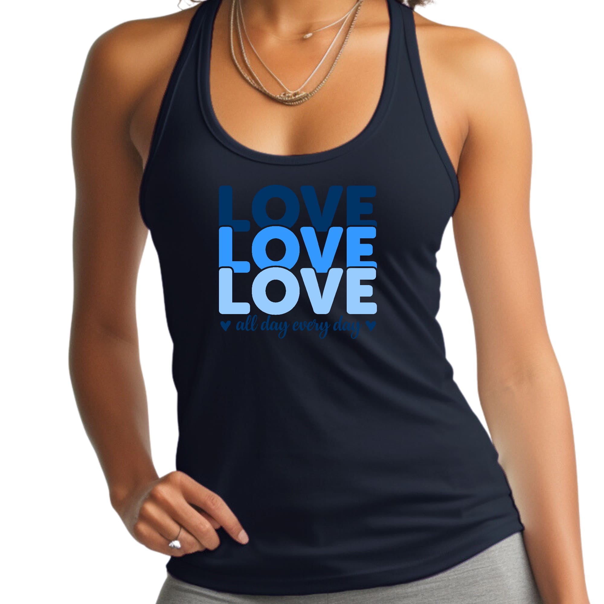 Womens Fitness Tank Top Graphic T-shirt Love All Day Every Day Blue