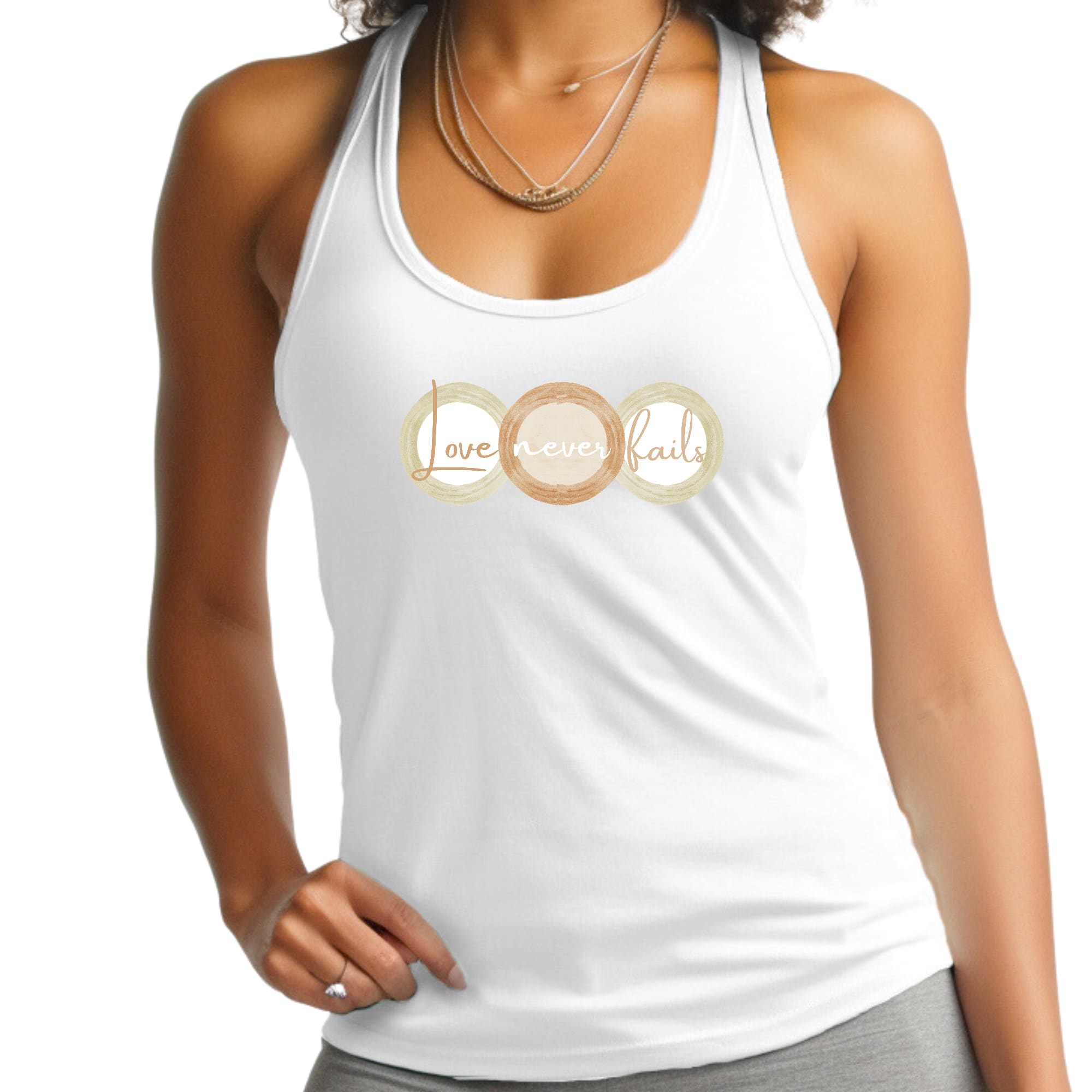 Womens Fitness Tank Top Graphic T-shirt - Love Never Fails - Pastel