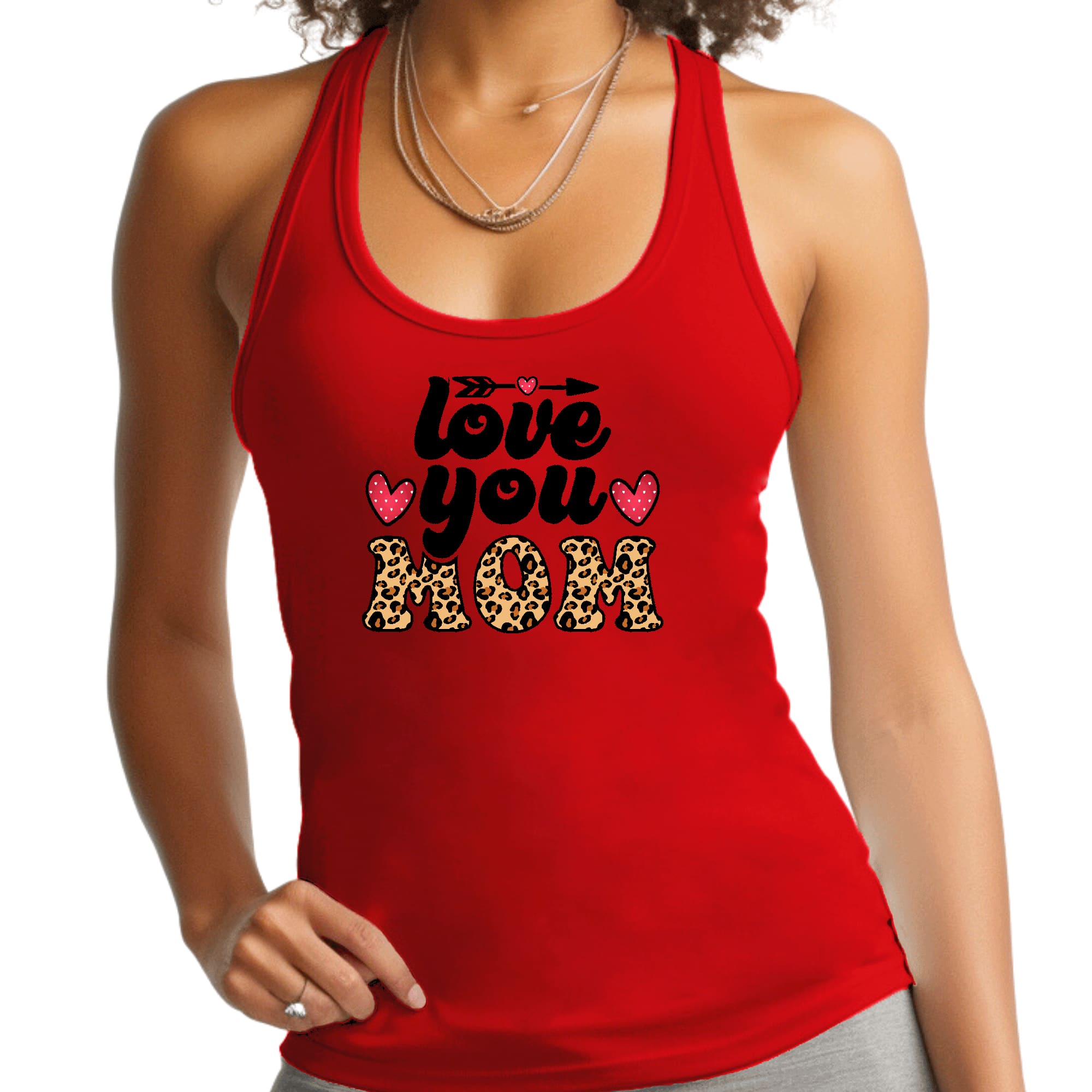 Womens Fitness Tank Top Graphic T-shirt - Love you Mom Leopard Print