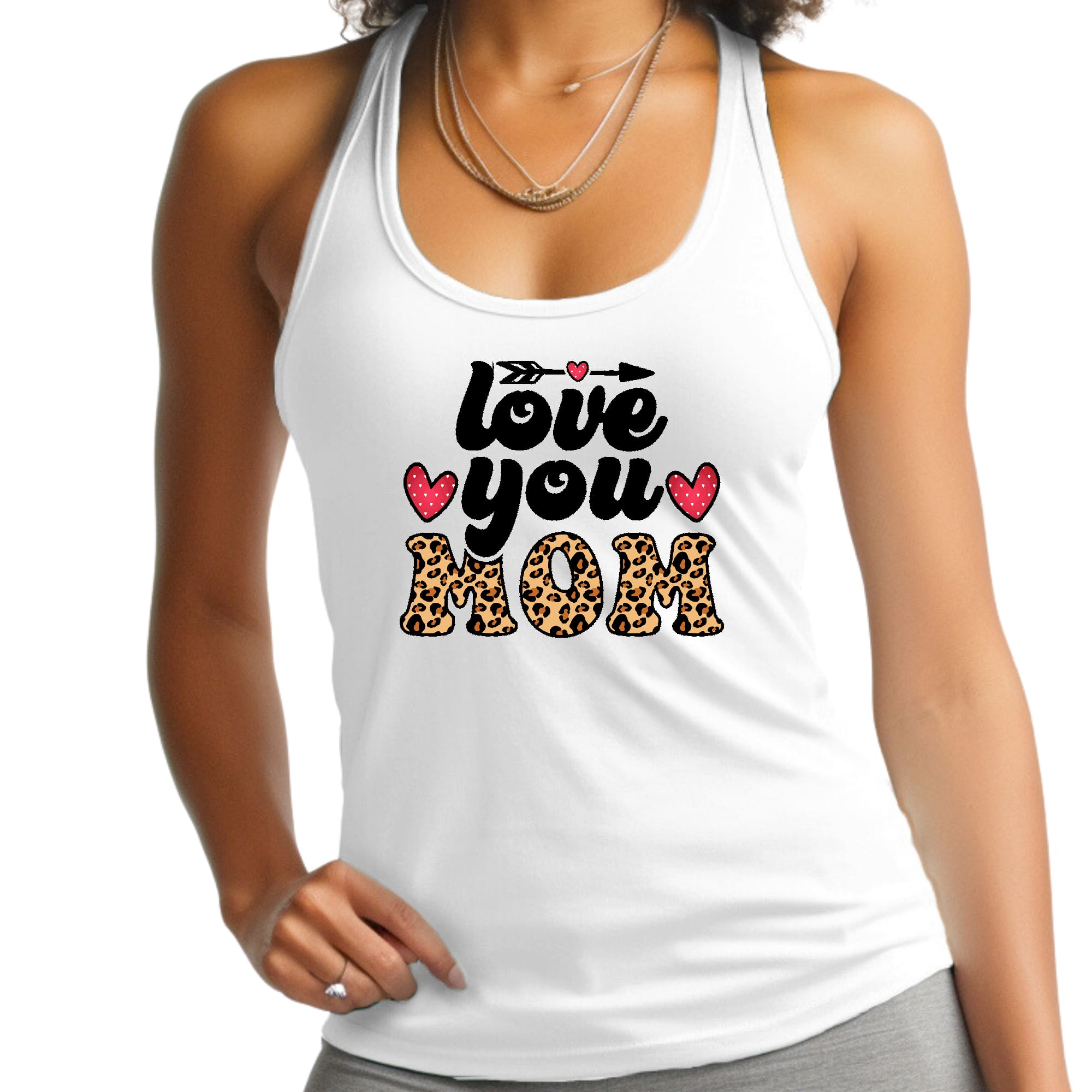 Womens Fitness Tank Top Graphic T-shirt - Love you Mom Leopard Print