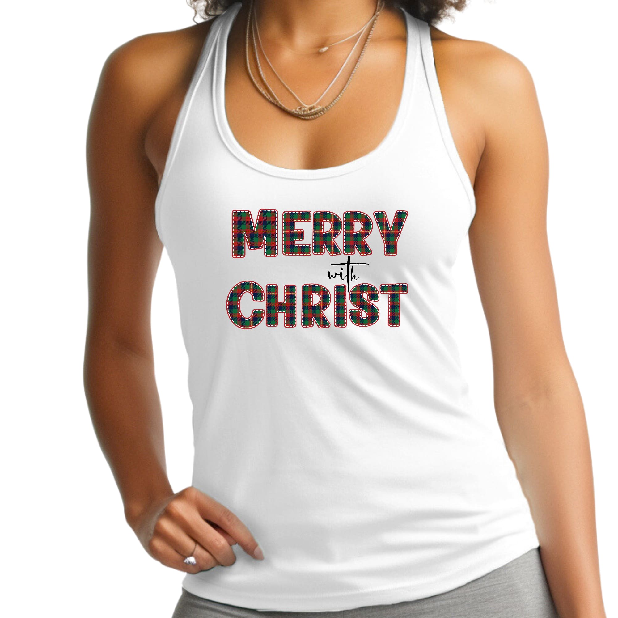 Womens Fitness Tank Top Graphic T-shirt - Merry with Christ - Red