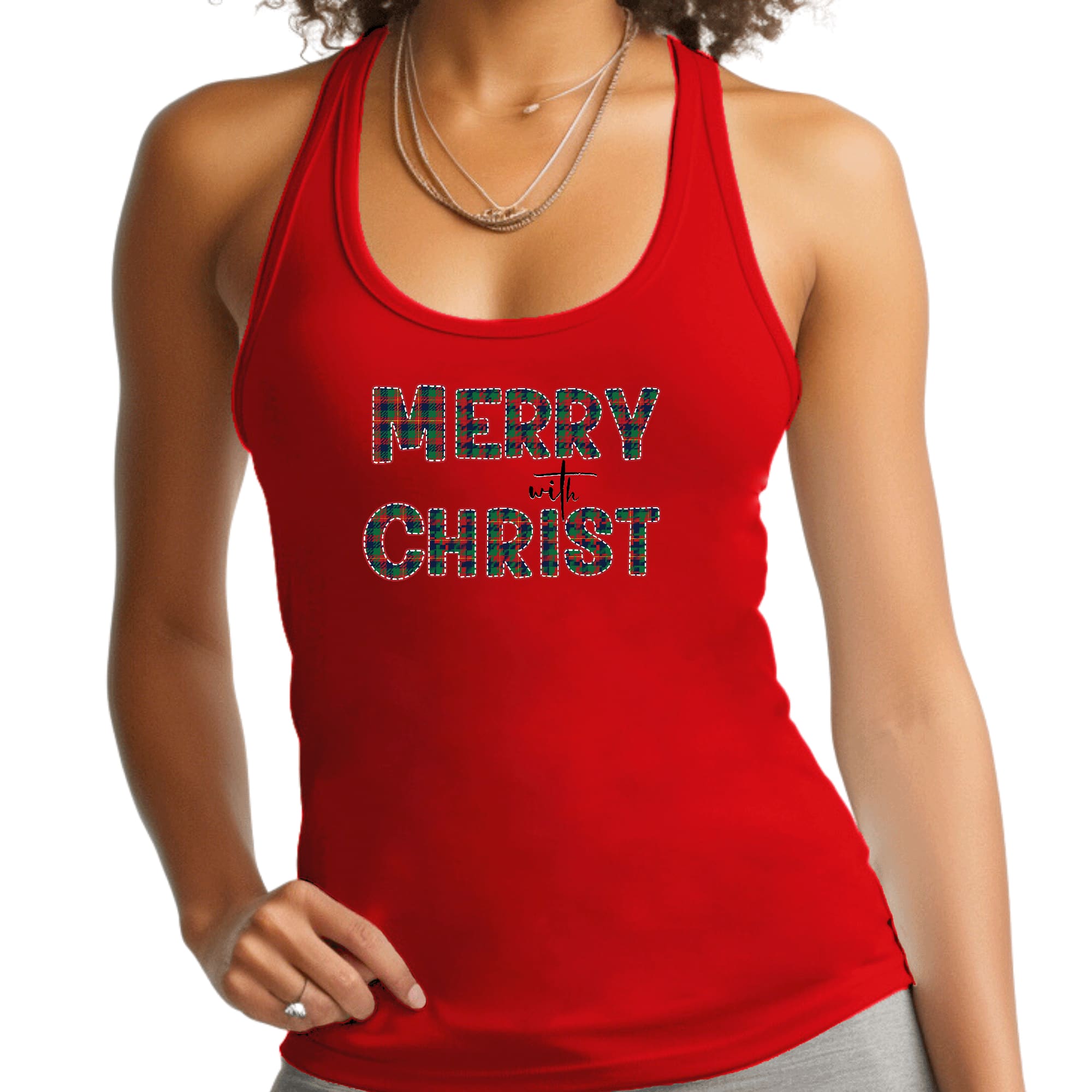 Womens Fitness Tank Top Graphic T-shirt - Merry with Christ - Red