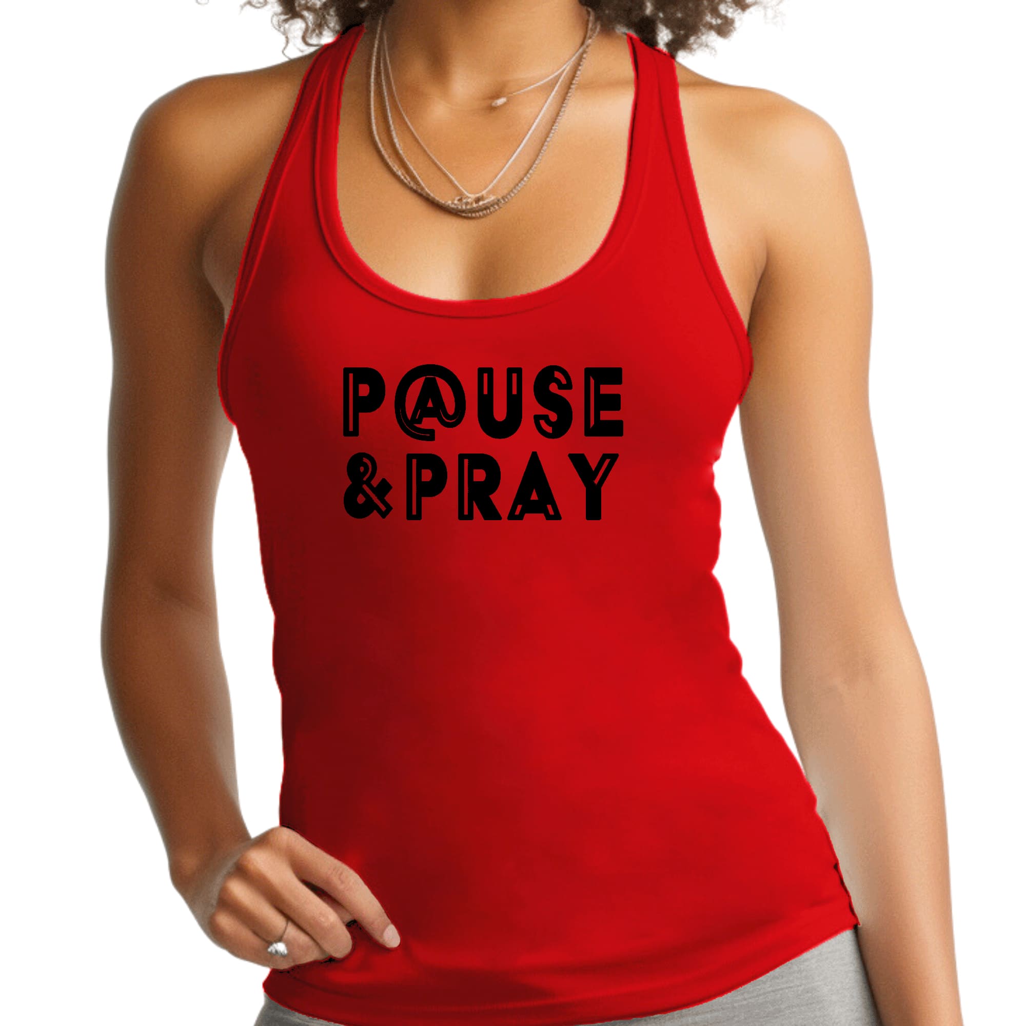Womens Fitness Tank Top Graphic T-shirt - Pause and Pray Black