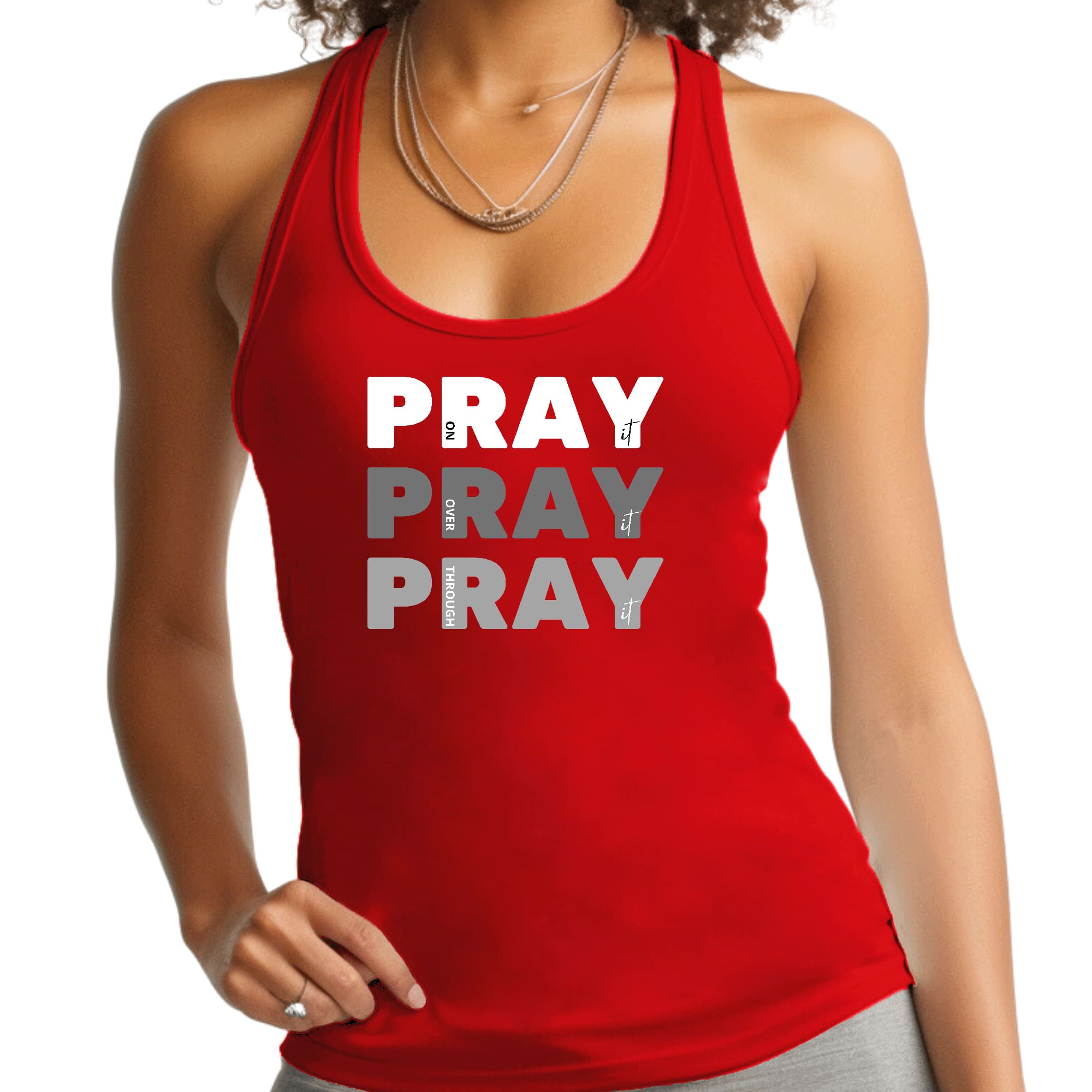Womens Fitness Tank Top Graphic T-shirt Pray on it Over it Through
